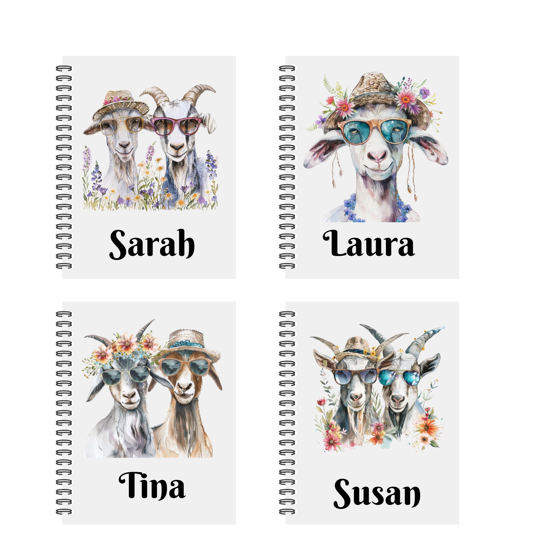 Personalised Notebook. Goat Designs. 2 sizes. 4 options. Plain Or Lined paper. Custom Spiral Bound Book. Handmade to order book.