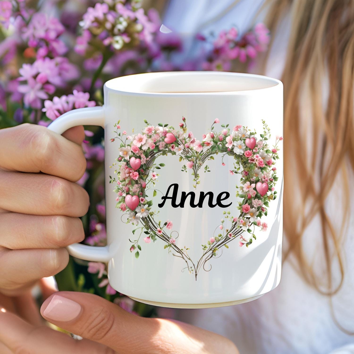 Personalised Floral Mug With Hearts And Flowers. Named Mug