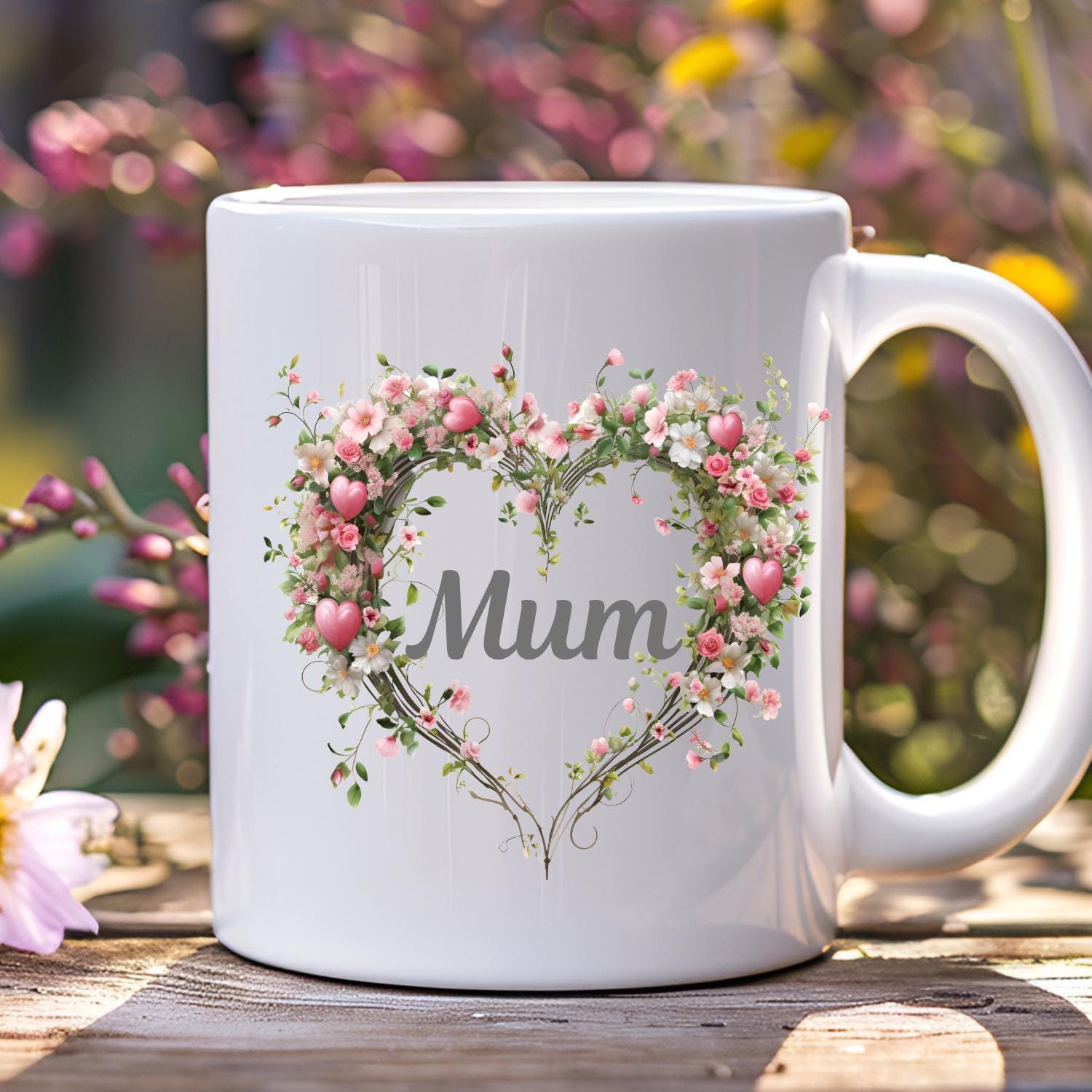 personalised Mug With heart Flower Design. Ceramic Mug, Mum, Sister, Wife, Cousin, Aunt, name Gift Mug. Customisable Mug