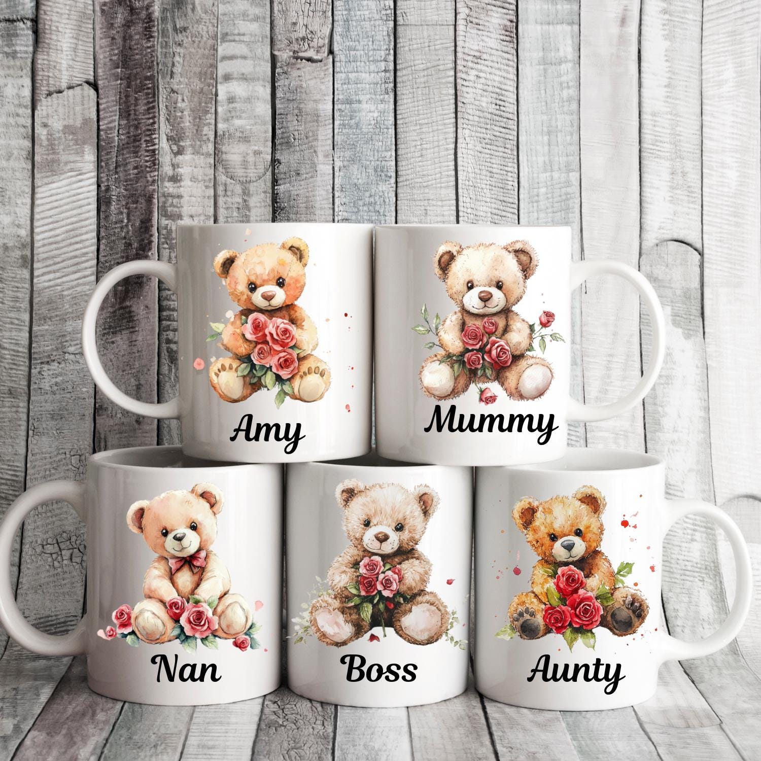 Personalised Teddy Bear with Roses Ceramic Mug, watercolour Teddy Bear Coffee Mug, Mothers Day, Birthday Gift. Rose, Roses