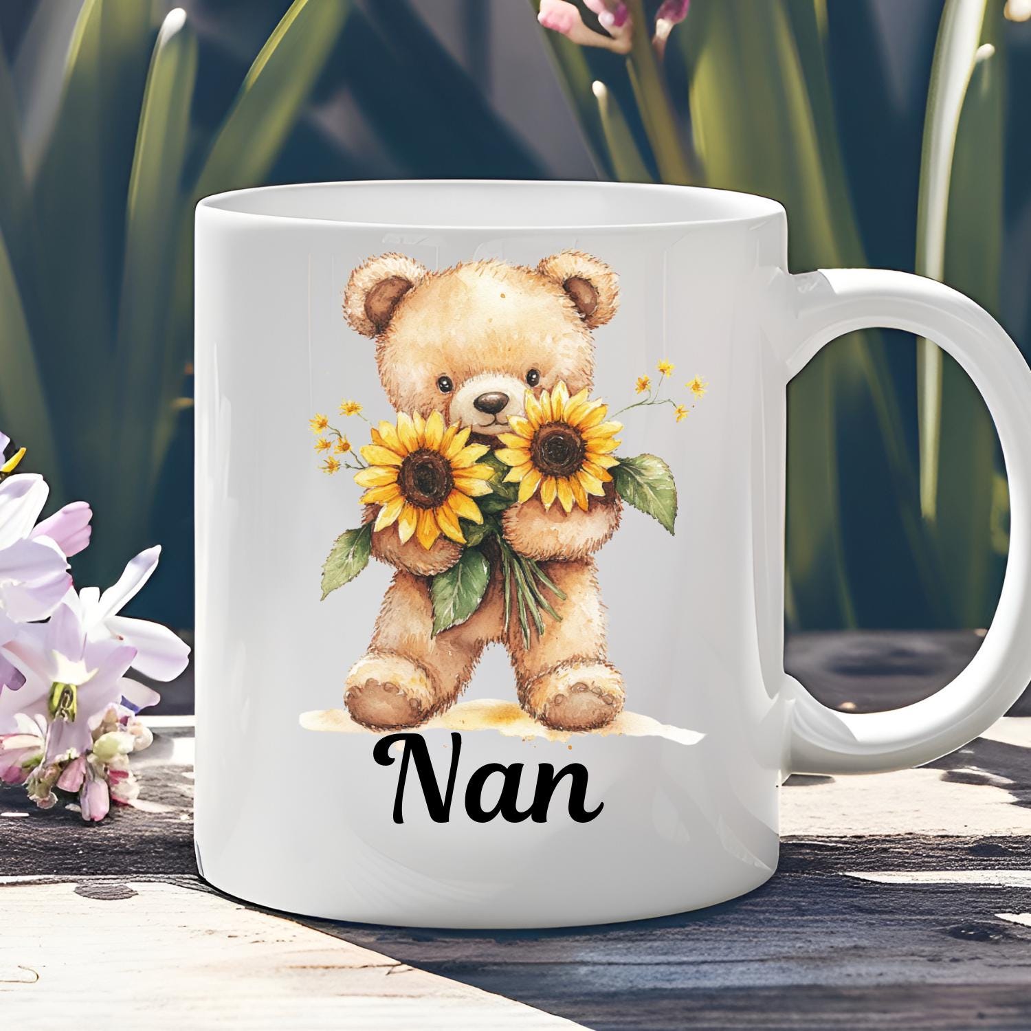 Personalised Teddy Bear With Sunflowers Ceramic Mug, watercolour Teddy Bear Coffee Mug, Mothers Day, Birthday Gift. Sunflowers