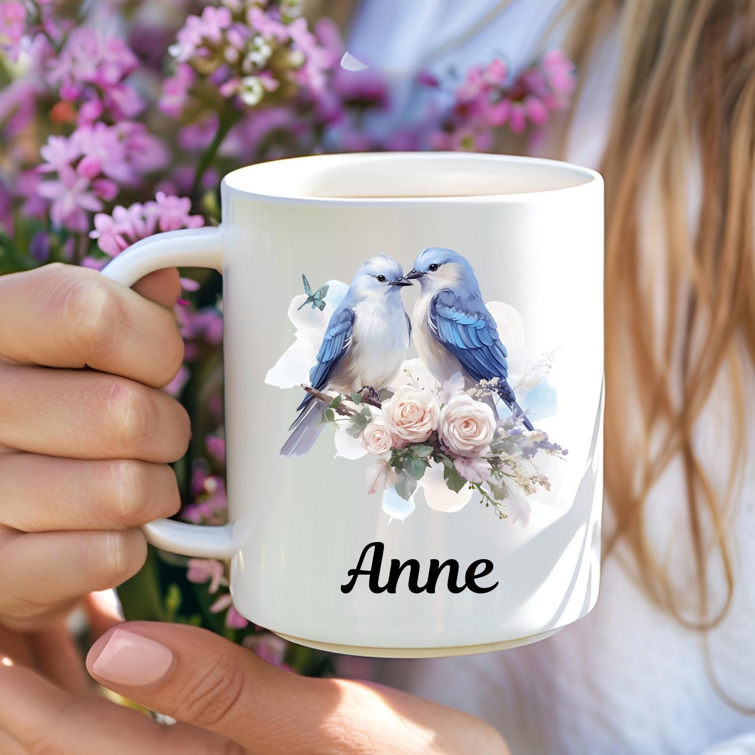 Personalised Lovebirds Mug With Birds and Flowers. Named Mug