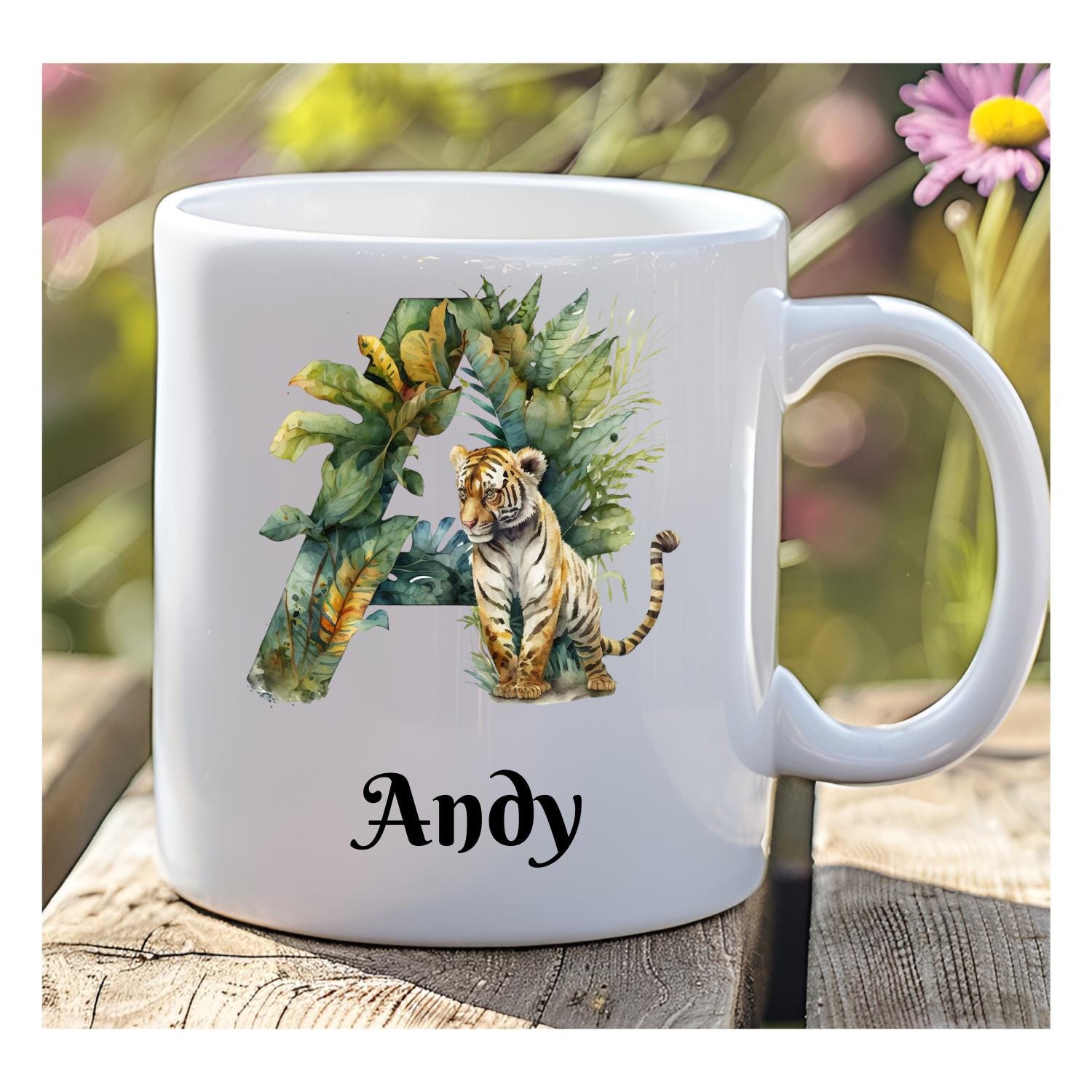 Personalised Tiger Initial Mug With Tiger. Named Mug. Safari