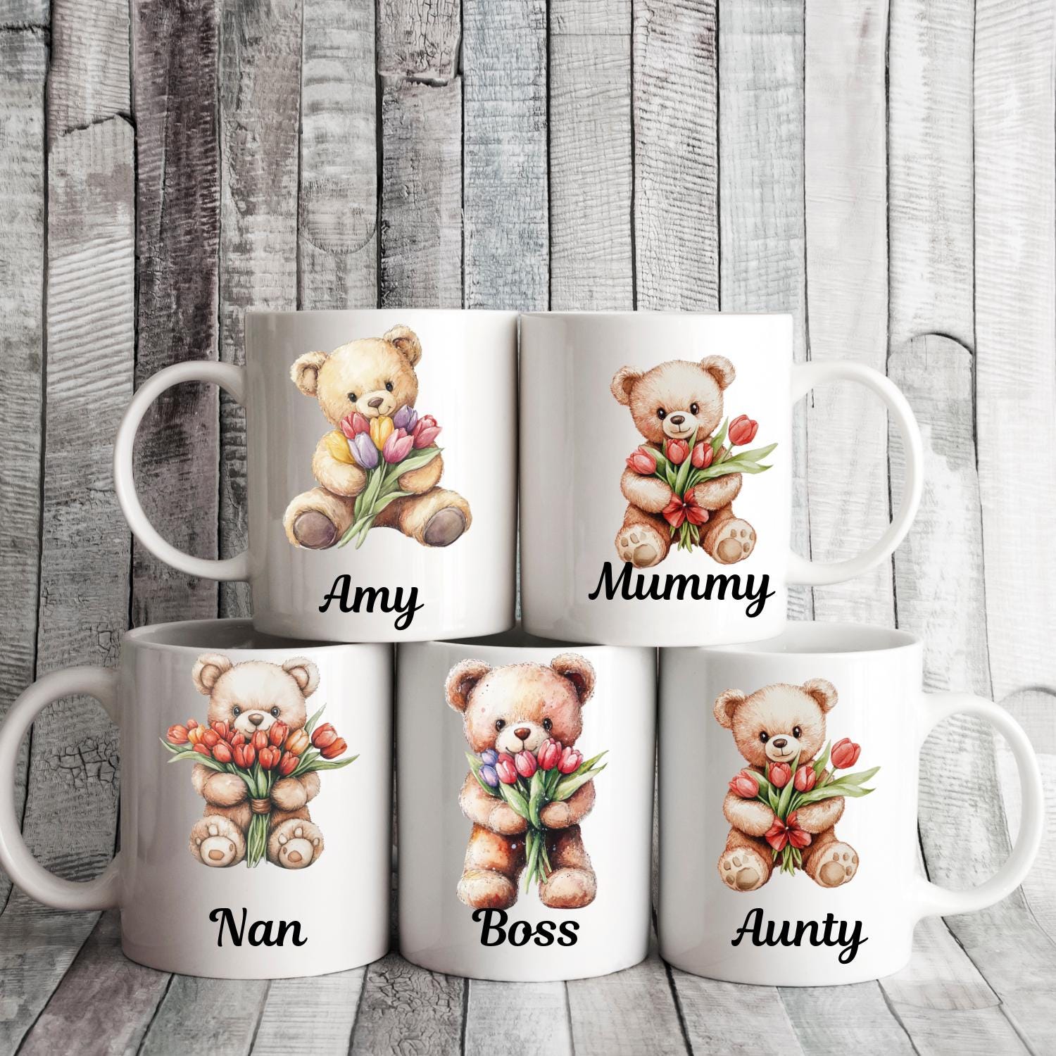 Personalised Teddy Bear With Tulips Ceramic Mug, watercolour Teddy Bear Coffee Mug, Mothers Day, Birthday Gift. Tulips