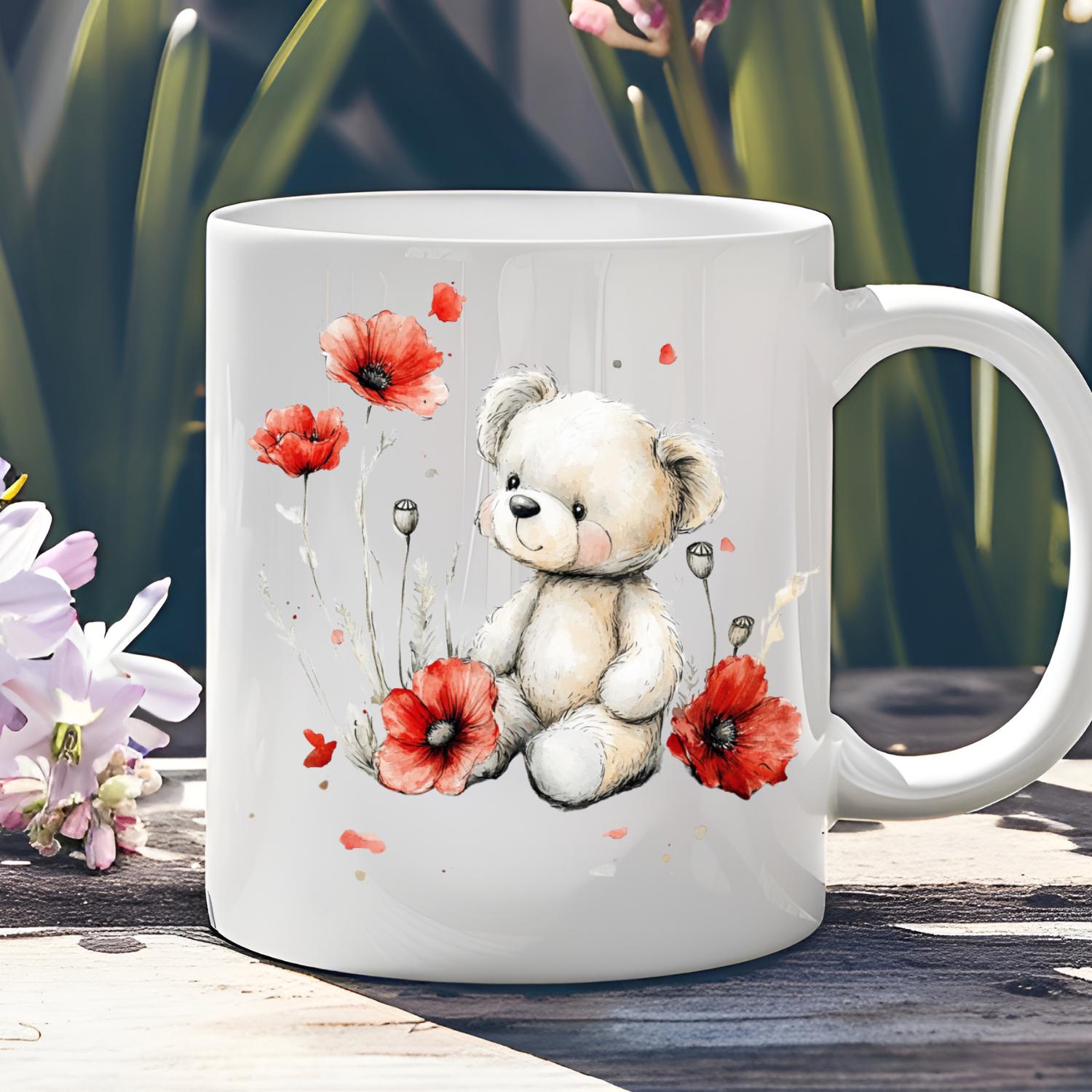 Teddy Bear watercolour Mug.Bear With Poppies By Snuggles And Sparkles. Baby Teddy Bear