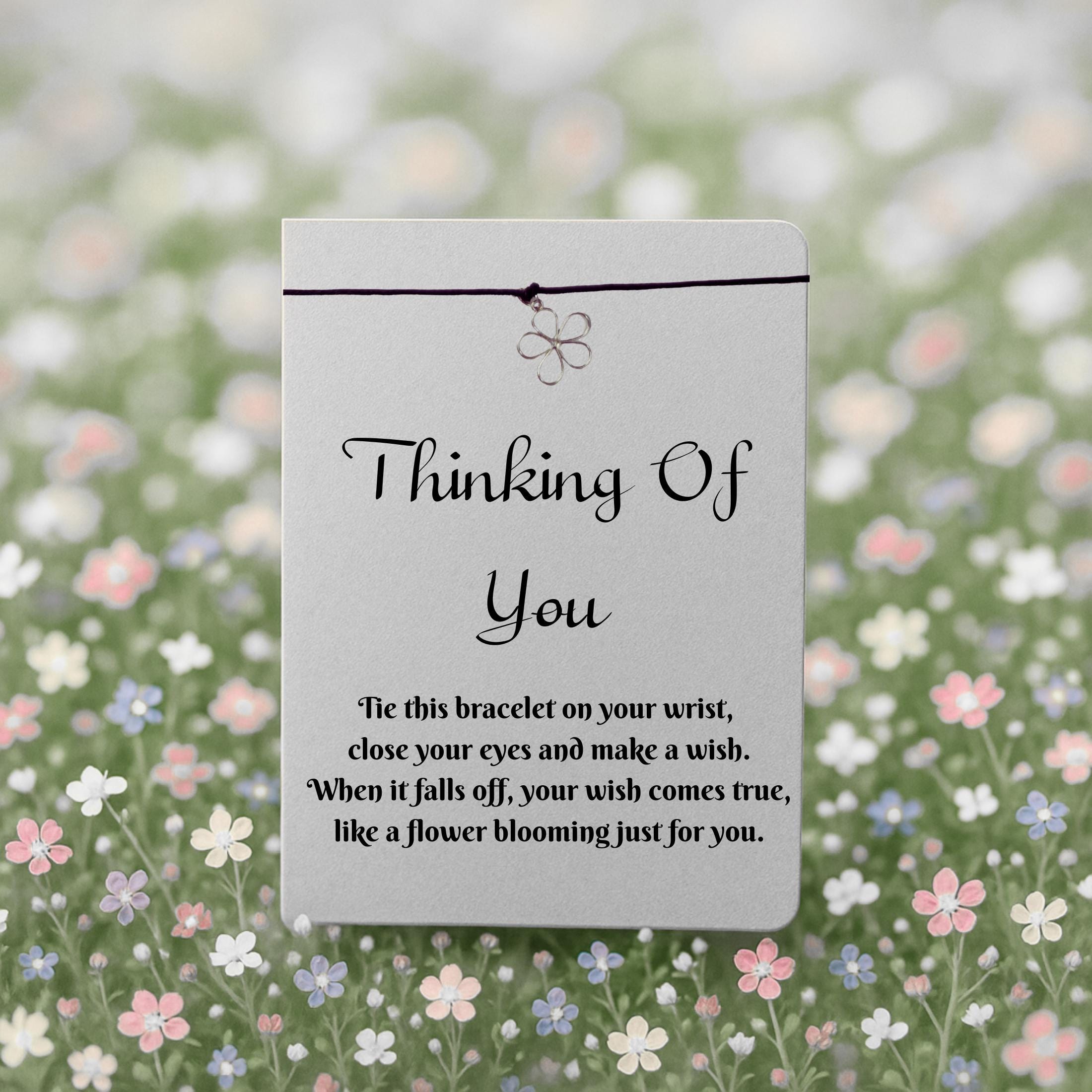Thinking Of You Wish Bracelet with Silver Flower Charm – 16 Colours – Eco-Friendly Greeting Card