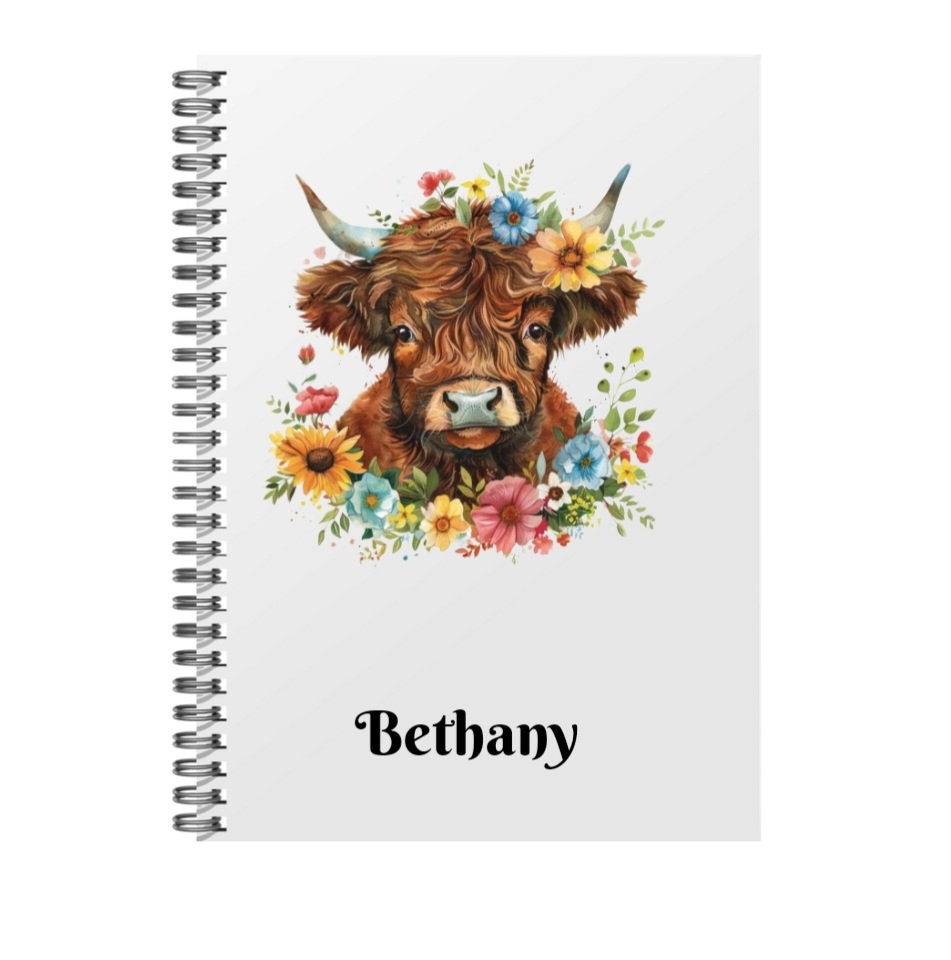 highland cow personalised notebook. A4 plain paper. spiral Bound. Farmyard Buddies
