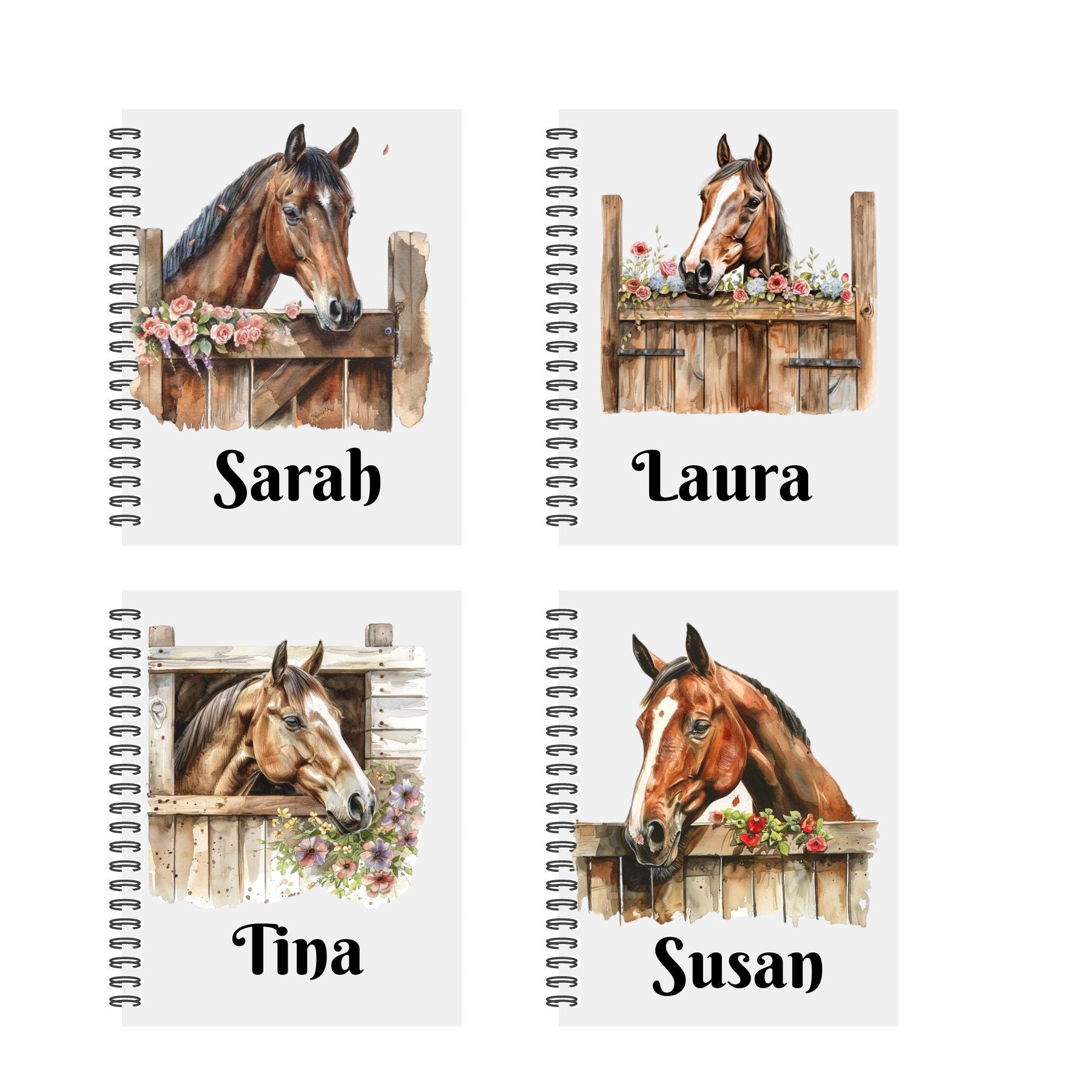 Personalised Notebook. Horse Designs. 2 sizes. 4 options. Plain Or Lined paper. Custom Spiral Bound Book. Handmade to order book.