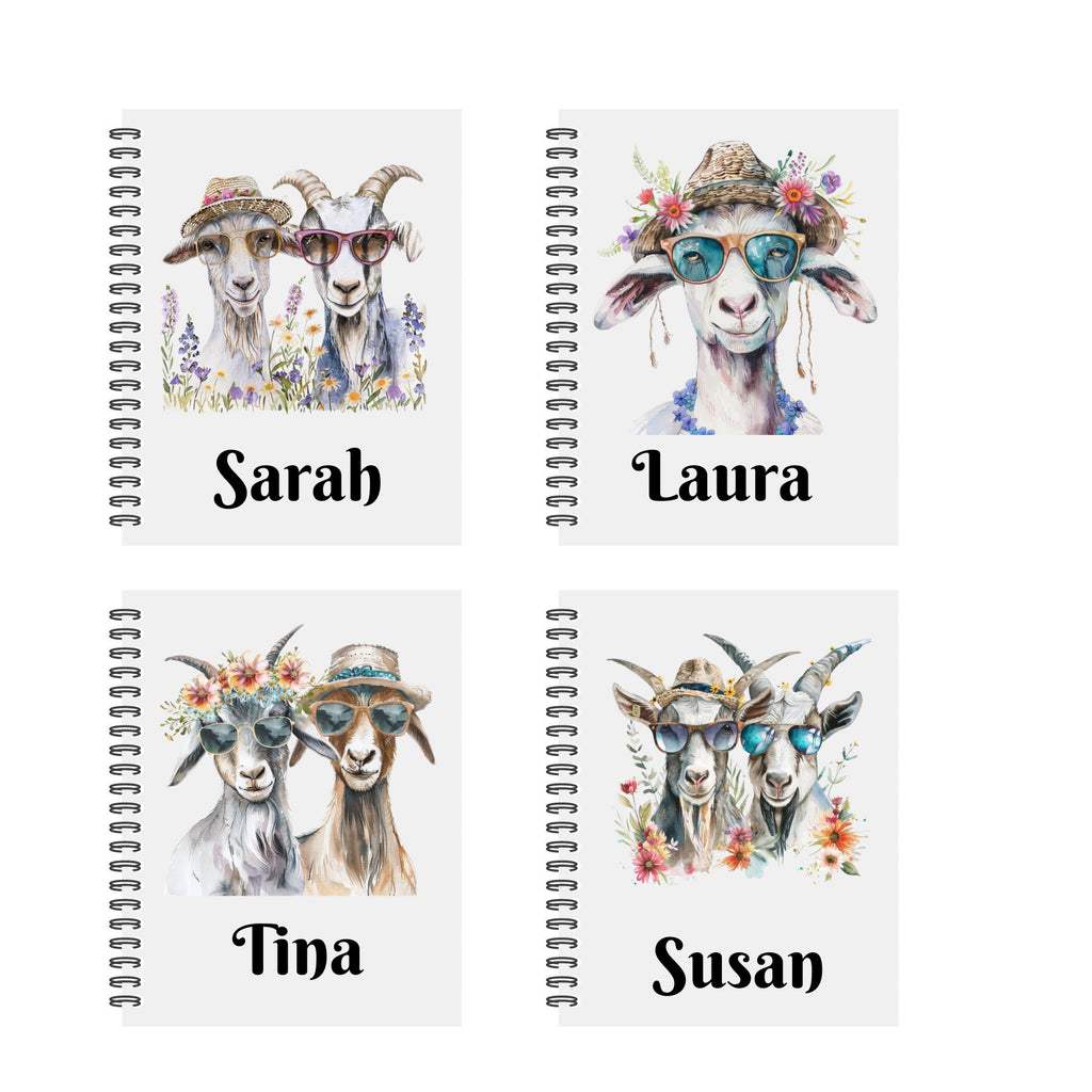 Personalised Notebook. Goat Designs. 2 sizes. 4 options. Plain Or Lined paper. Custom Spiral Bound Book. Handmade to order book.