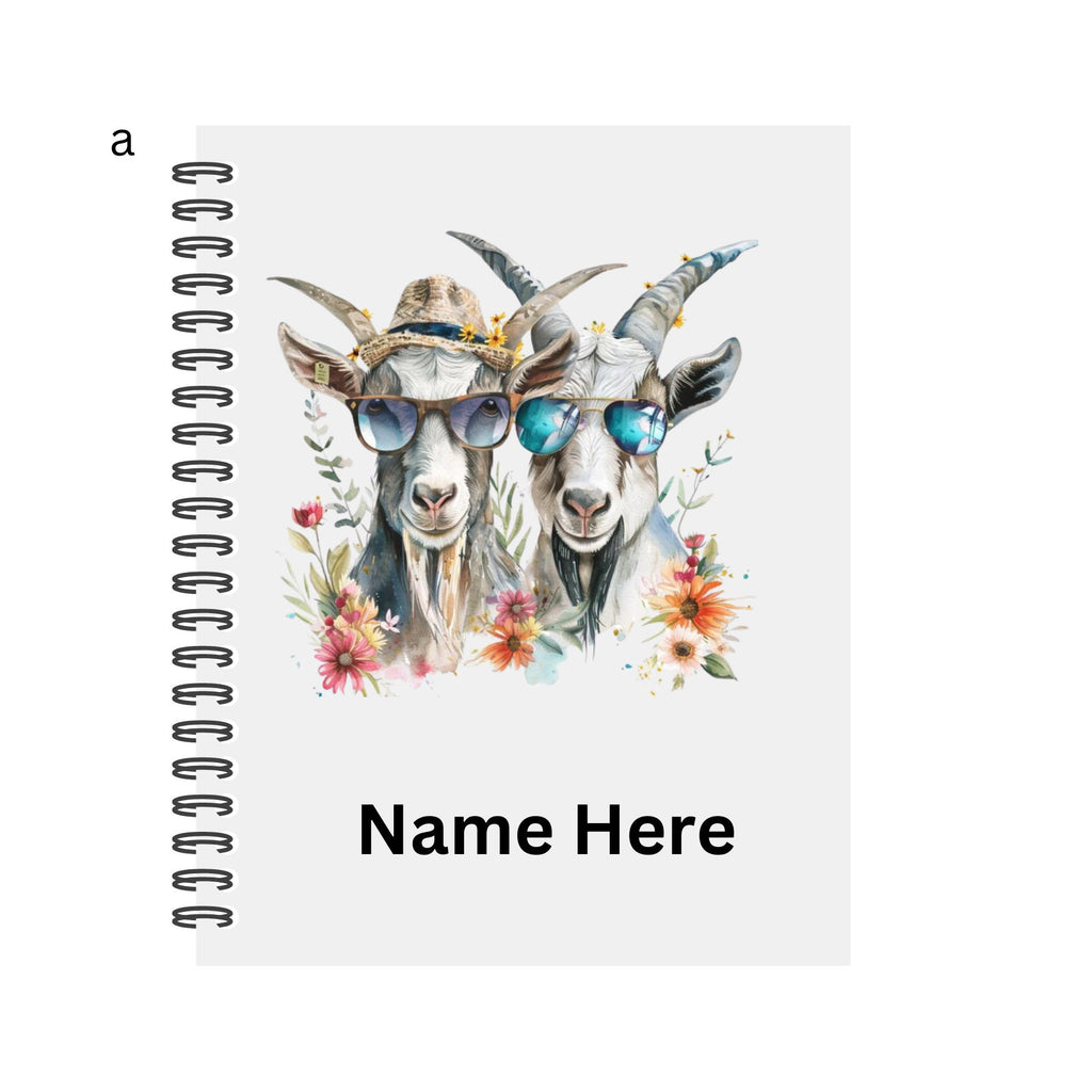 Personalised Notebook. Goat Designs. 2 sizes. 4 options. Plain Or Lined paper. Custom Spiral Bound Book. Handmade to order book.