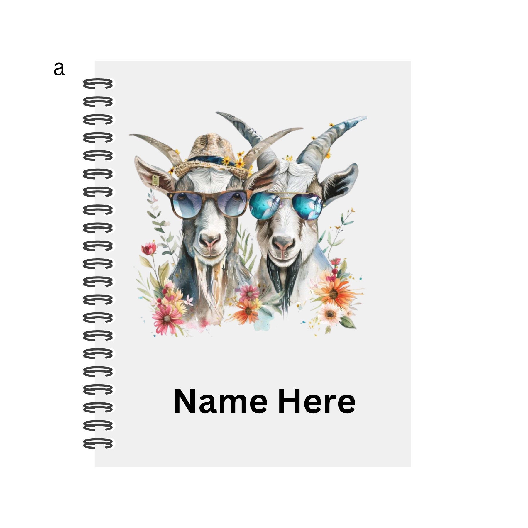 Personalised Notebook. Goat Designs. 2 sizes. 4 options. Plain Or Lined paper. Custom Spiral Bound Book. Handmade to order book.