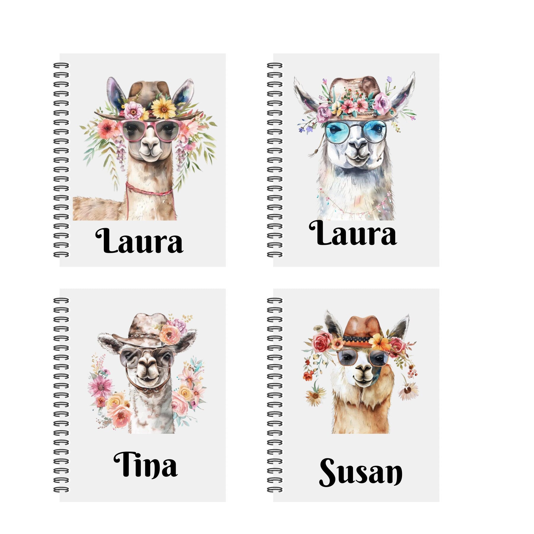 Personalised Notebook. Llama Designs. 2 sizes. 4 options. Plain Or Lined paper. Custom Spiral Bound Book. Handmade to order book.