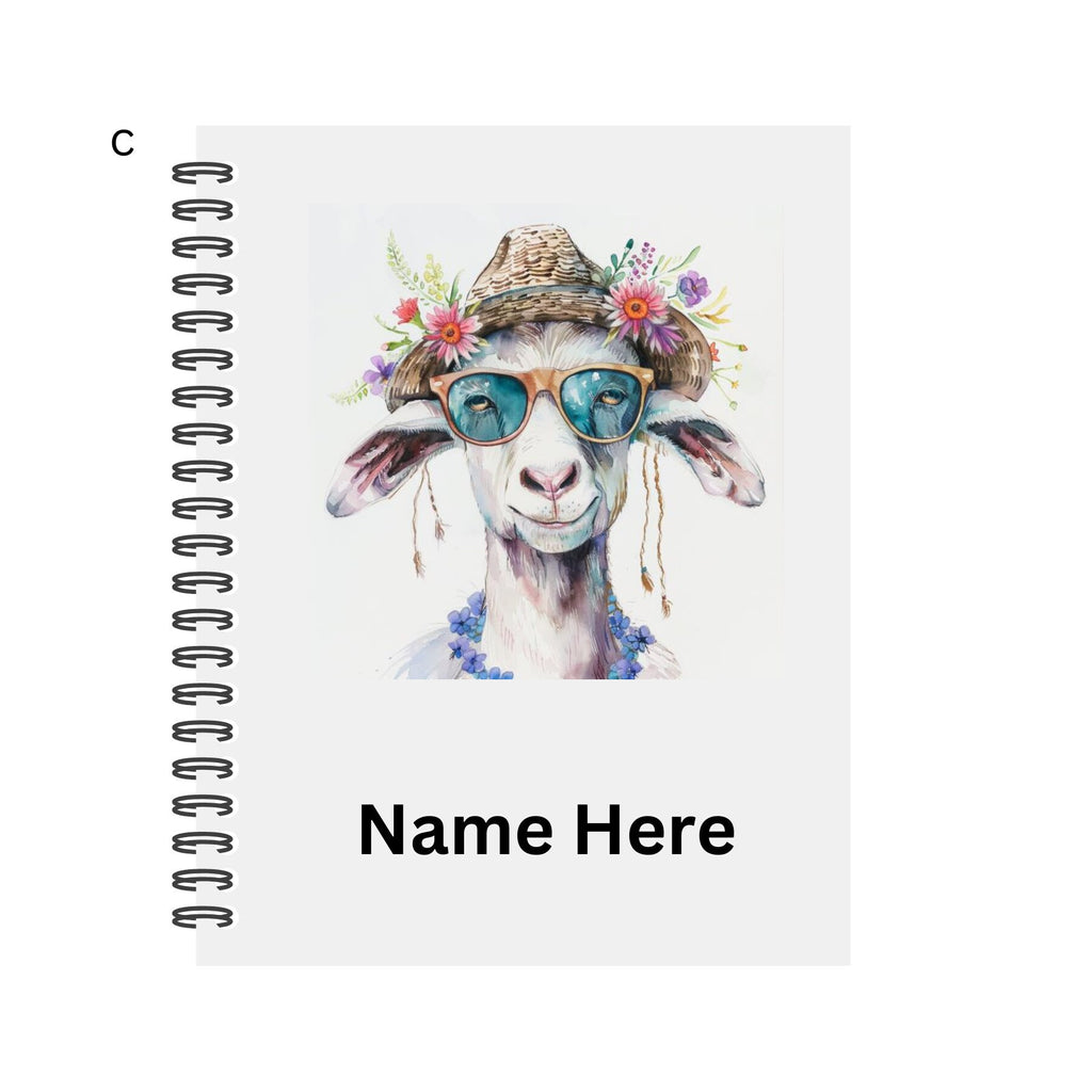 Personalised Notebook. Goat Designs. 2 sizes. 4 options. Plain Or Lined paper. Custom Spiral Bound Book. Handmade to order book.