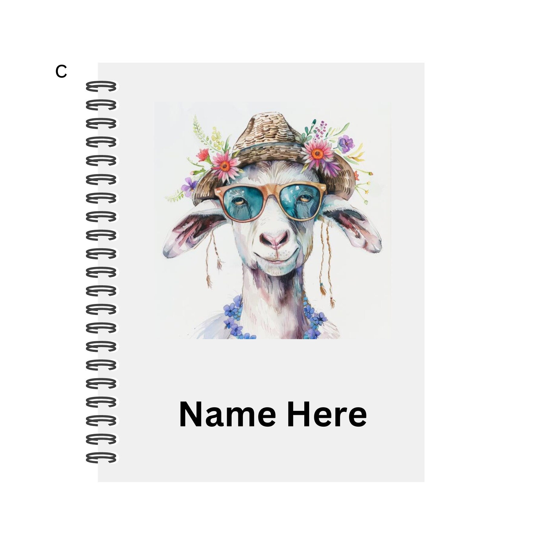 Personalised Notebook. Goat Designs. 2 sizes. 4 options. Plain Or Lined paper. Custom Spiral Bound Book. Handmade to order book.