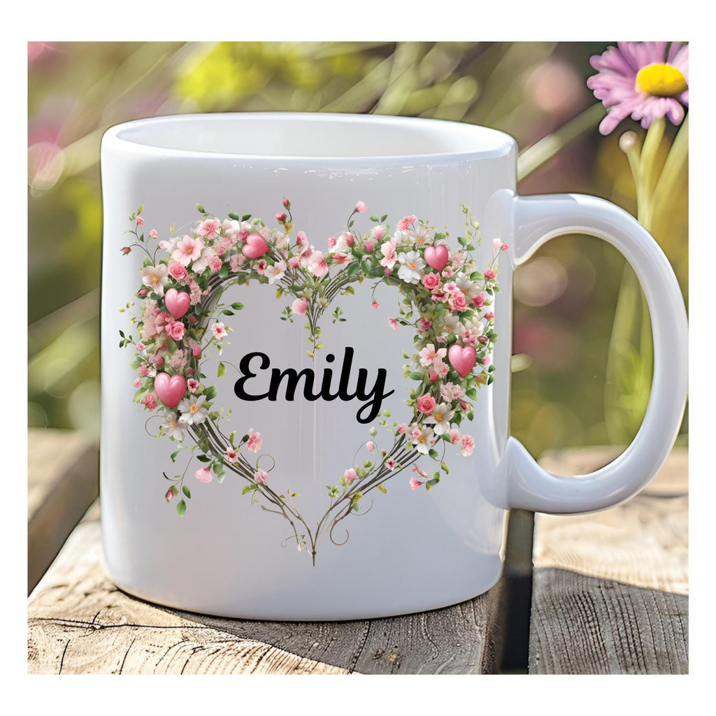 Personalised Floral Mug With Hearts And Flowers. Named Mug