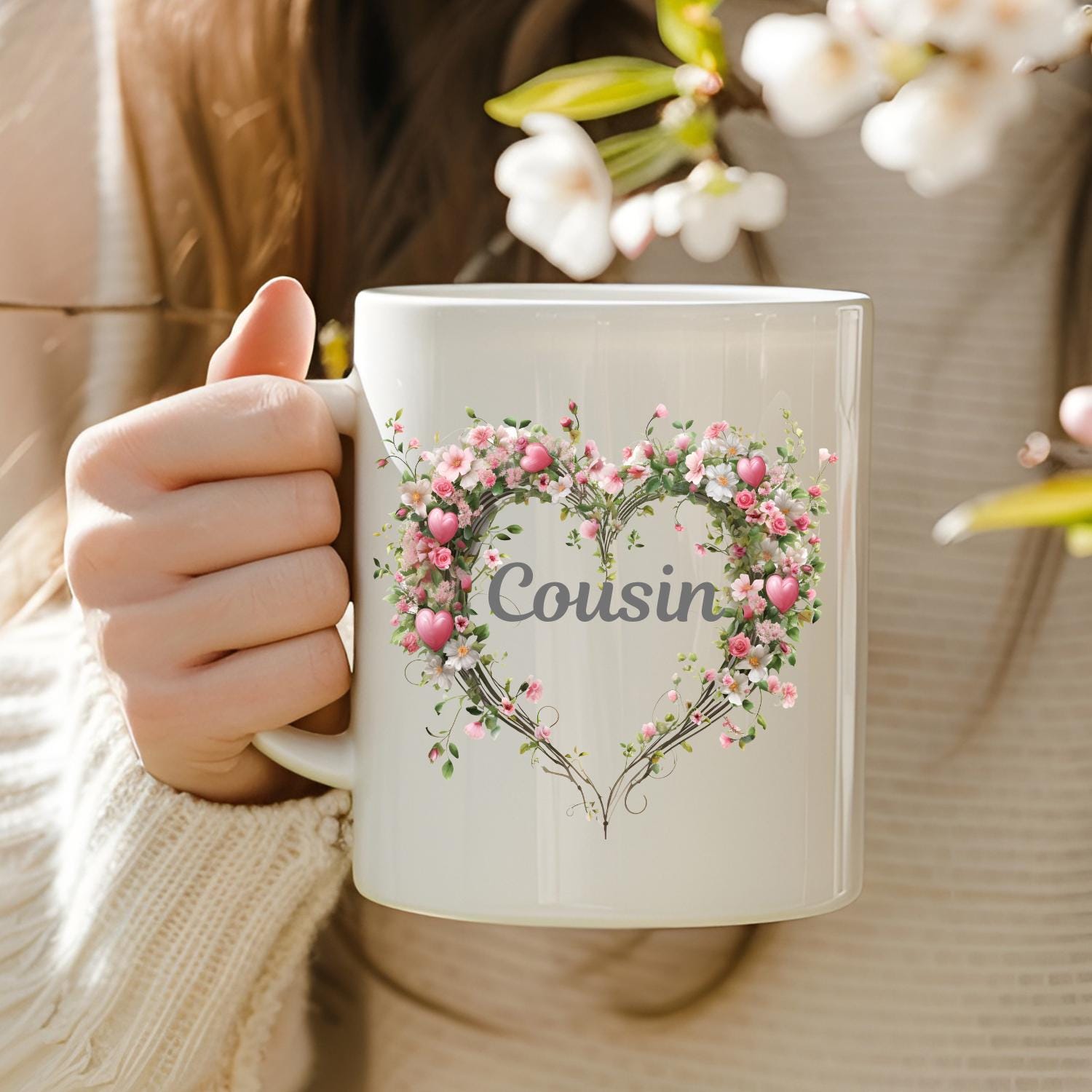 personalised Mug With heart Flower Design. Ceramic Mug, Mum, Sister, Wife, Cousin, Aunt, name Gift Mug. Customisable Mug