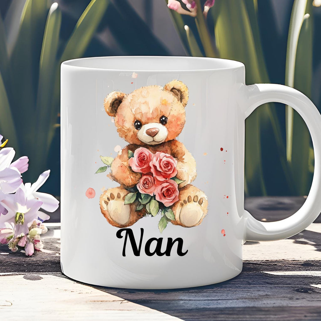 Personalised Teddy Bear with Roses Ceramic Mug, watercolour Teddy Bear Coffee Mug, Mothers Day, Birthday Gift. Rose, Roses