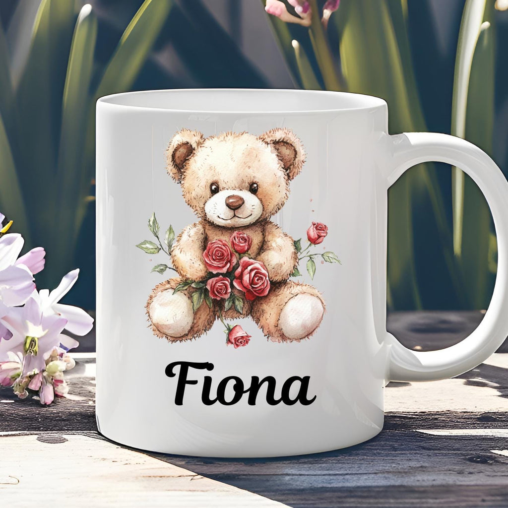 Personalised Teddy Bear with Roses Ceramic Mug, watercolour Teddy Bear Coffee Mug, Mothers Day, Birthday Gift. Rose, Roses
