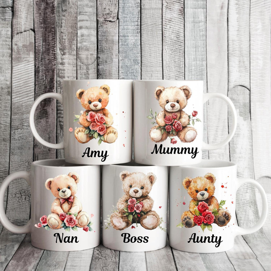 Personalised Teddy Bear with Roses Ceramic Mug, watercolour Teddy Bear Coffee Mug, Mothers Day, Birthday Gift. Rose, Roses
