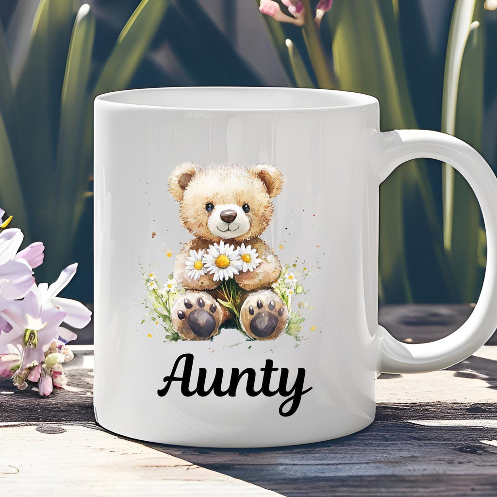 Personalised Teddy Bear With Daisies Ceramic Mug, watercolour Teddy Bear Coffee Mug, Mothers Day, Birthday Gift. Daisy, Daisies
