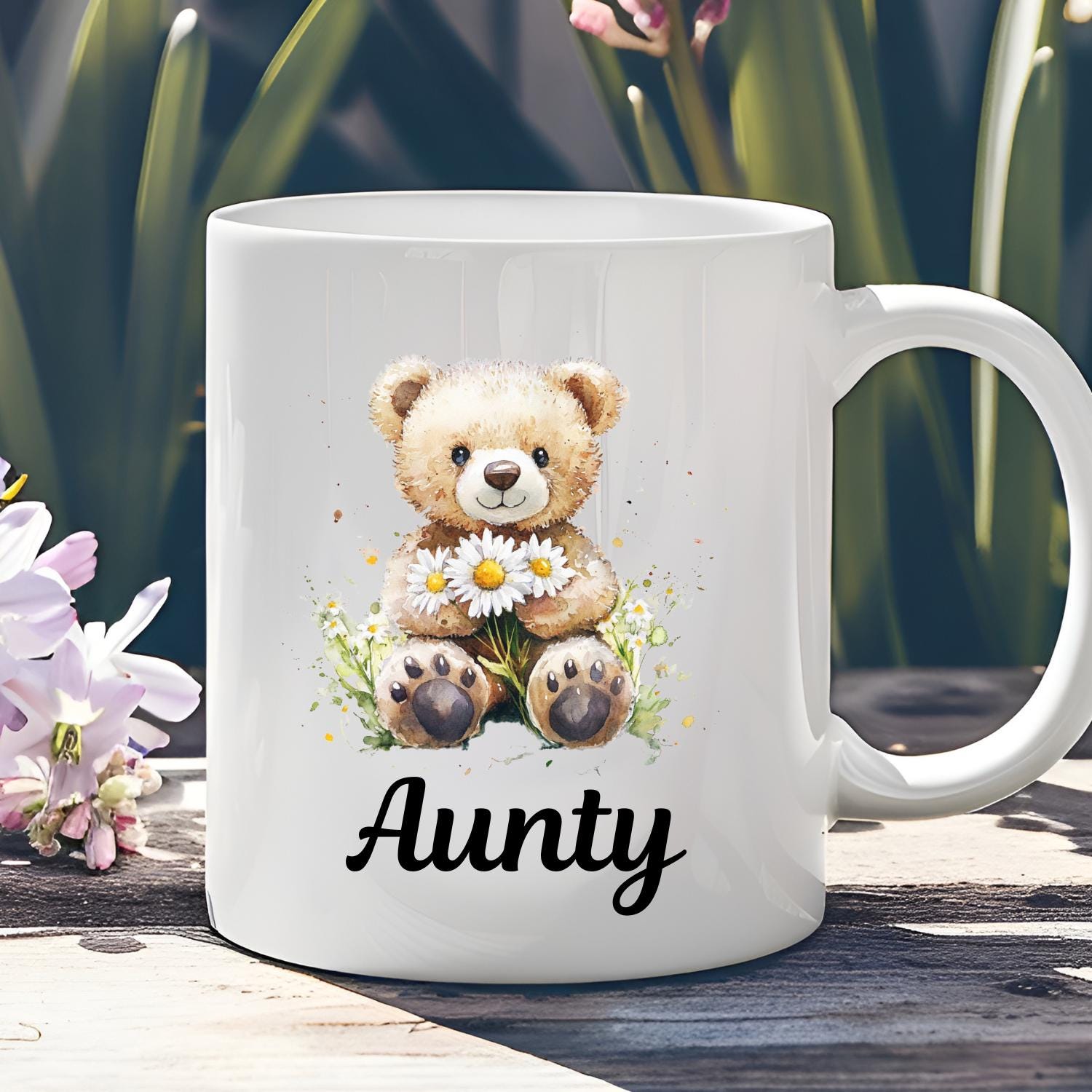 Personalised Teddy Bear With Daisies Ceramic Mug, watercolour Teddy Bear Coffee Mug, Mothers Day, Birthday Gift. Daisy, Daisies