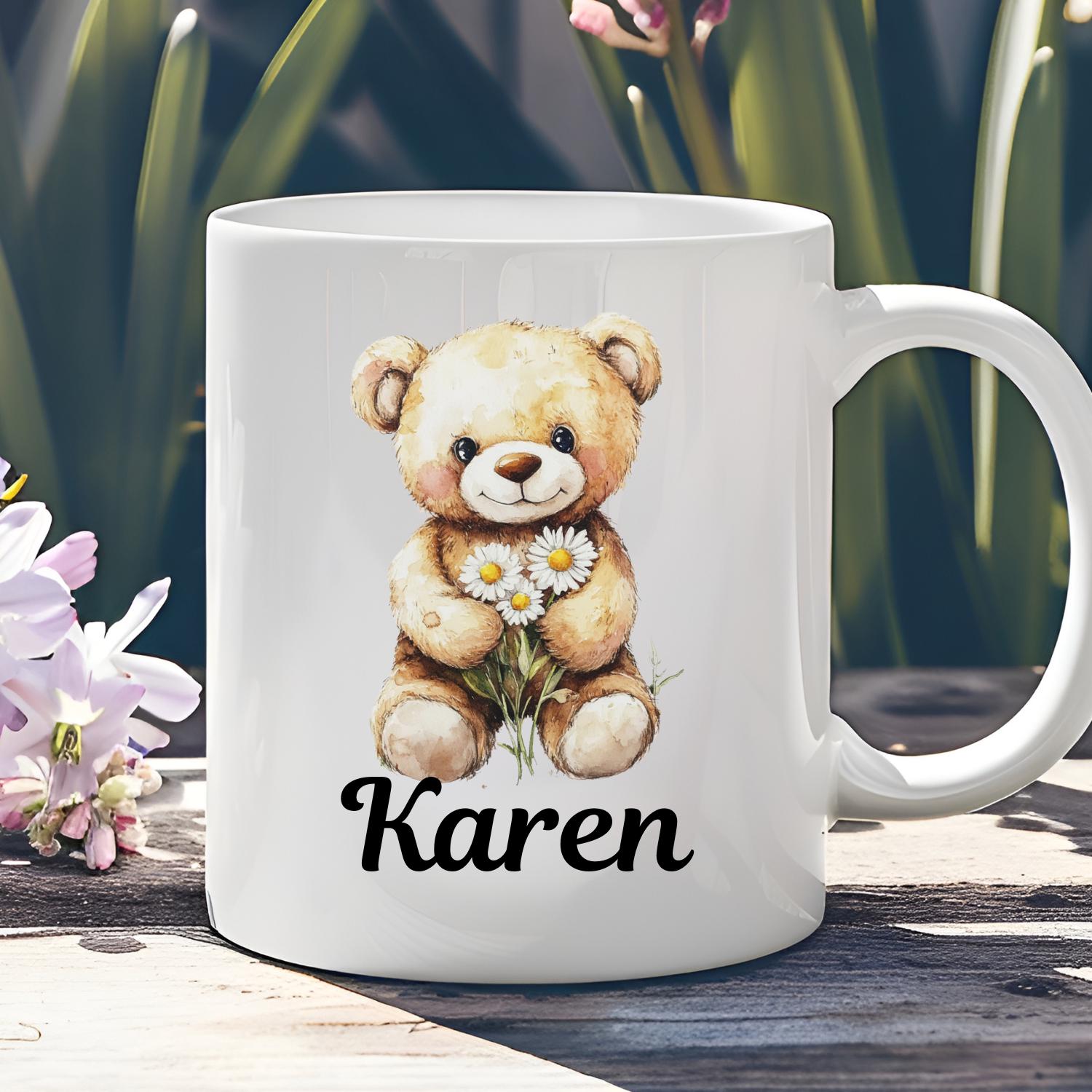 Personalised Teddy Bear With Daisies Ceramic Mug, watercolour Teddy Bear Coffee Mug, Mothers Day, Birthday Gift. Daisy, Daisies