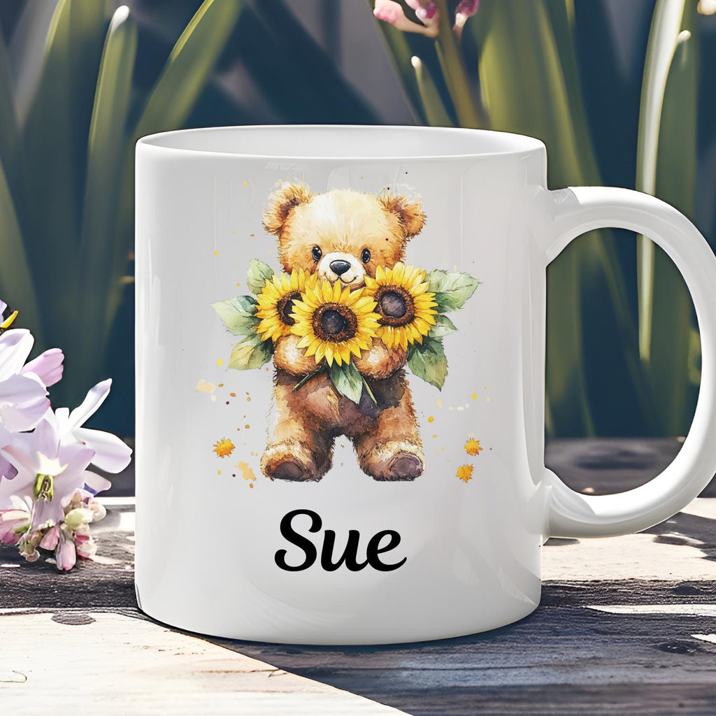 Personalised Teddy Bear With Sunflowers Ceramic Mug, watercolour Teddy Bear Coffee Mug, Mothers Day, Birthday Gift. Sunflowers