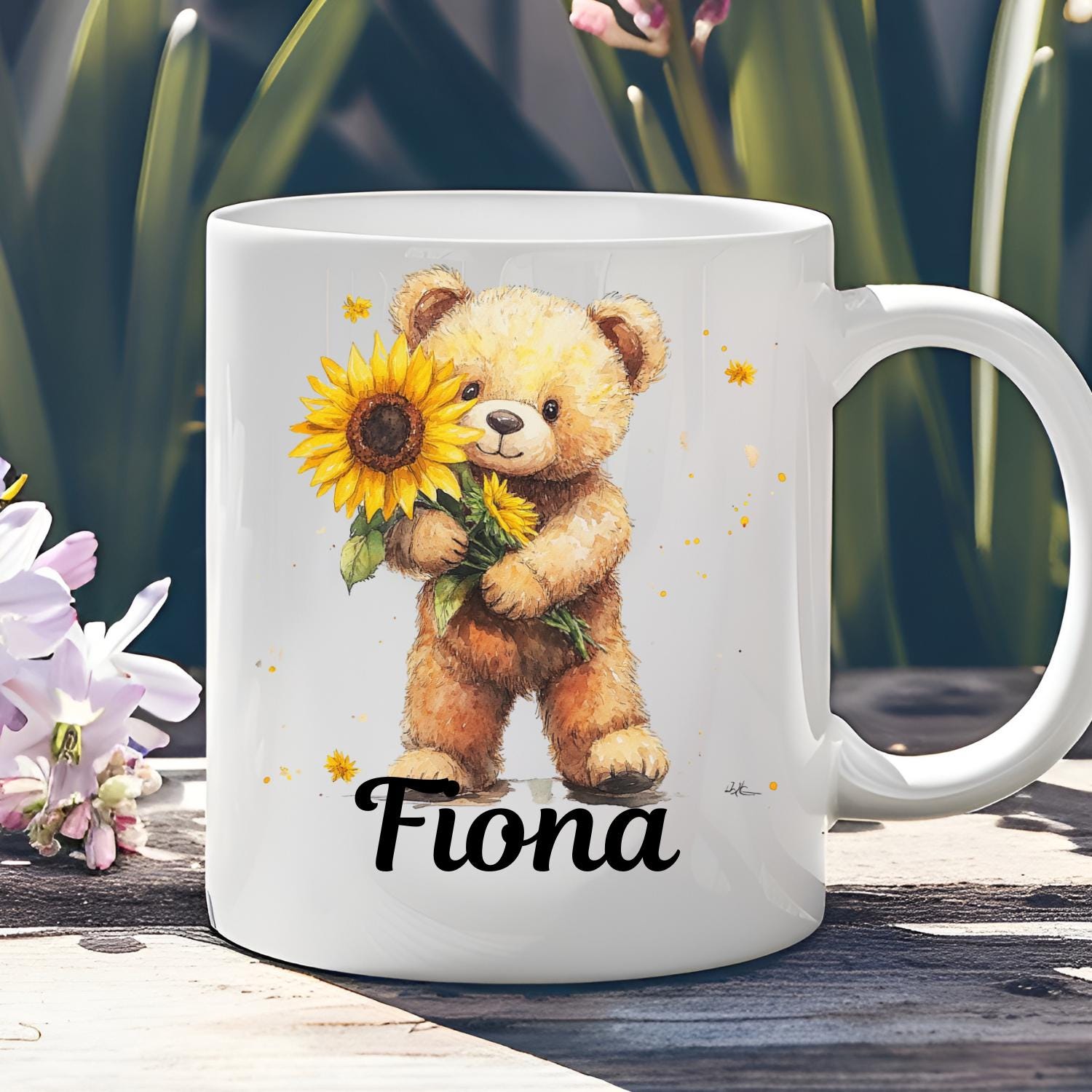 Personalised Teddy Bear With Sunflowers Ceramic Mug, watercolour Teddy Bear Coffee Mug, Mothers Day, Birthday Gift. Sunflowers
