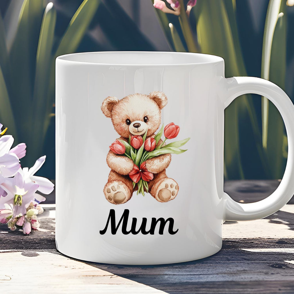 Personalised Teddy Bear With Tulips Ceramic Mug, watercolour Teddy Bear Coffee Mug, Mothers Day, Birthday Gift. Tulips