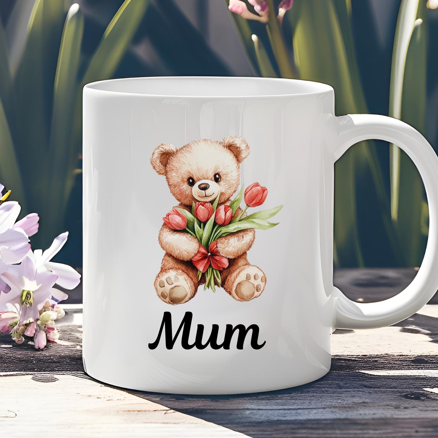 Personalised Teddy Bear With Tulips Ceramic Mug, watercolour Teddy Bear Coffee Mug, Mothers Day, Birthday Gift. Tulips