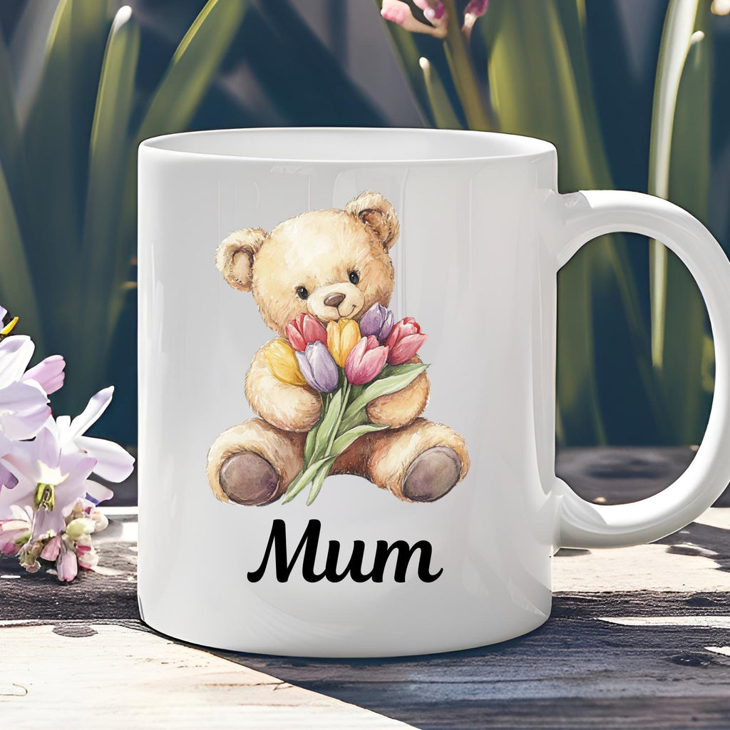 Personalised Teddy Bear With Tulips Ceramic Mug, watercolour Teddy Bear Coffee Mug, Mothers Day, Birthday Gift. Tulips