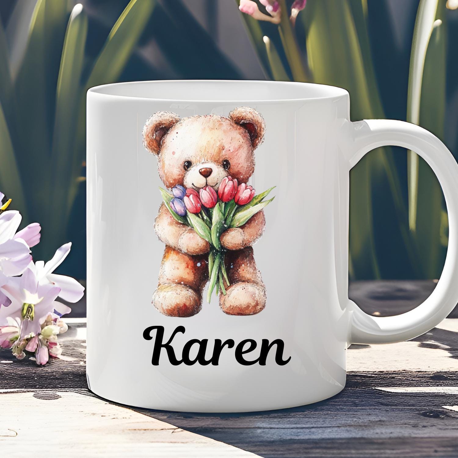Personalised Teddy Bear With Tulips Ceramic Mug, watercolour Teddy Bear Coffee Mug, Mothers Day, Birthday Gift. Tulips