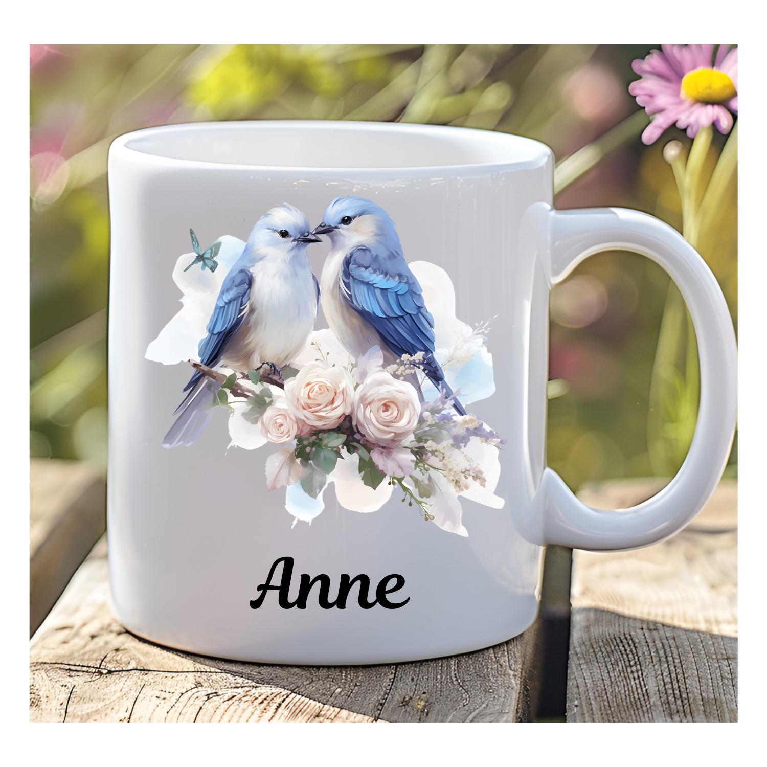 Personalised Lovebirds Mug With Birds and Flowers. Named Mug