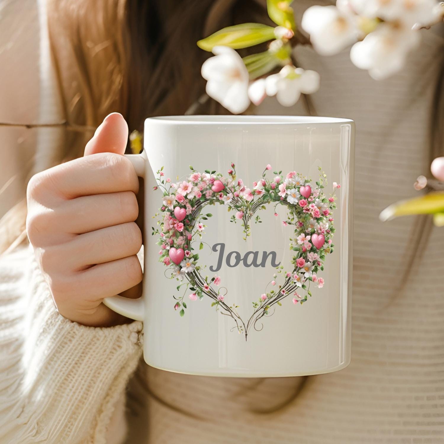 personalised Mug With heart Flower Design. Ceramic Mug, Mum, Sister, Wife, Cousin, Aunt, name Gift Mug. Customisable Mug