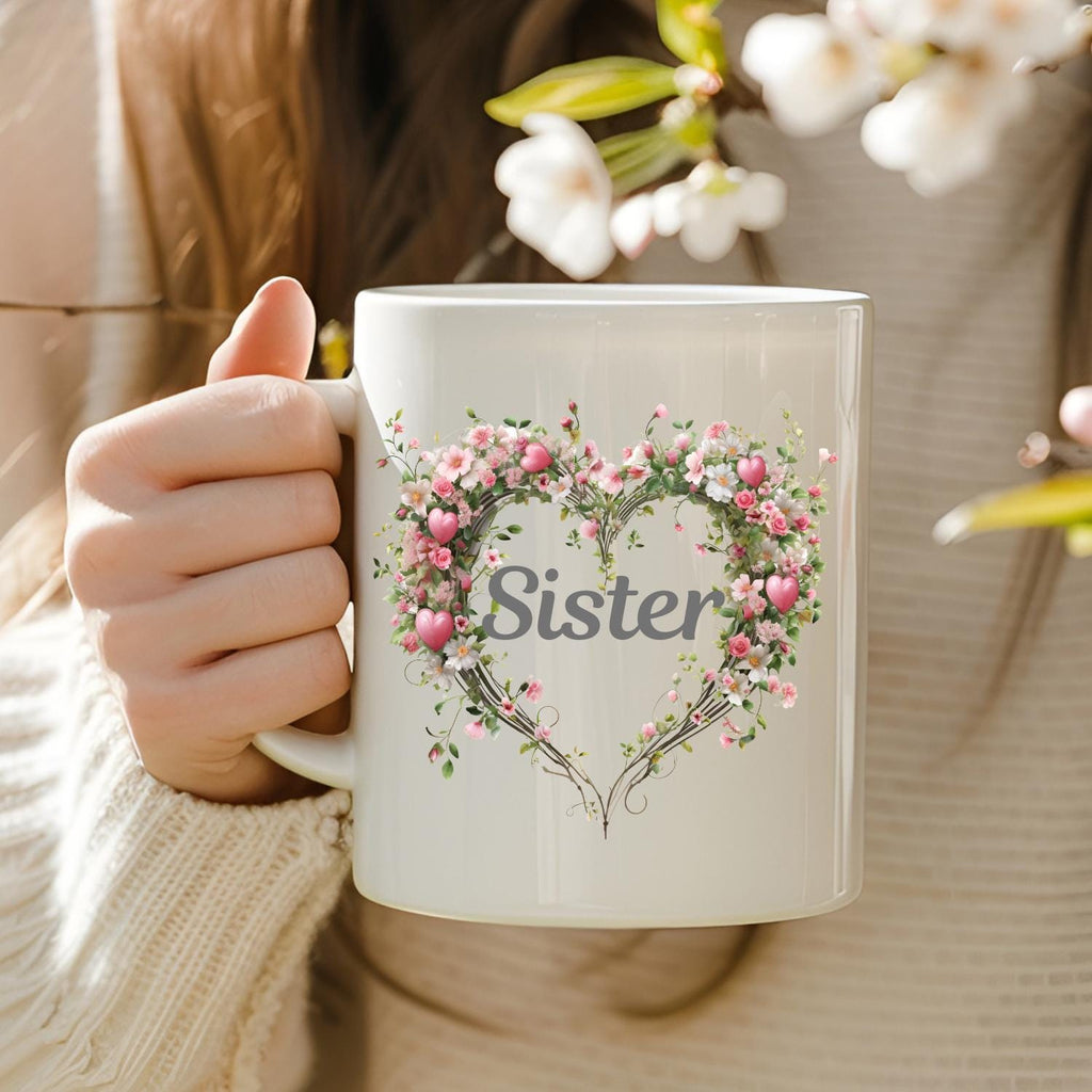 personalised Mug With heart Flower Design. Ceramic Mug, Mum, Sister, Wife, Cousin, Aunt, name Gift Mug. Customisable Mug