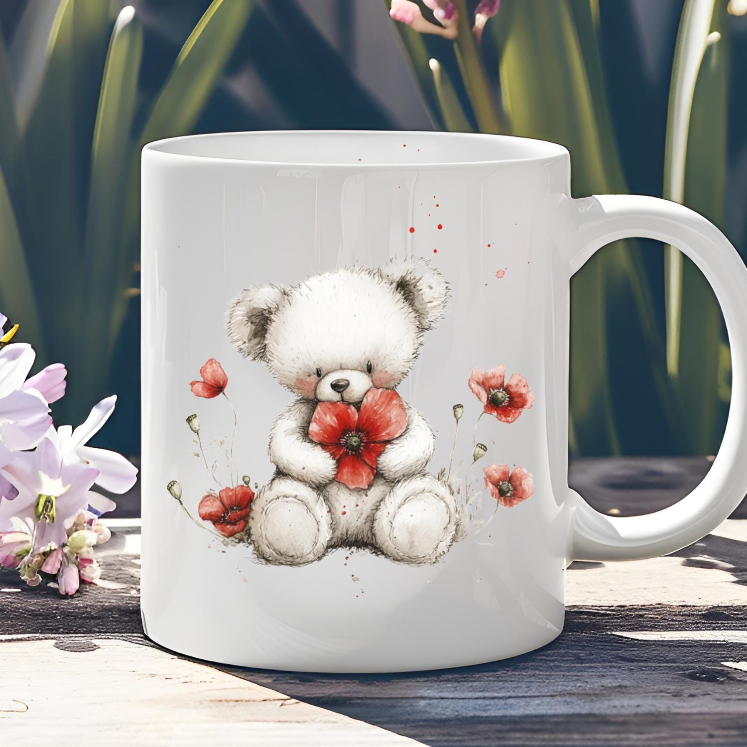 Teddy Bear watercolour Mug.Bear With Poppies By Snuggles And Sparkles. Baby Teddy Bear