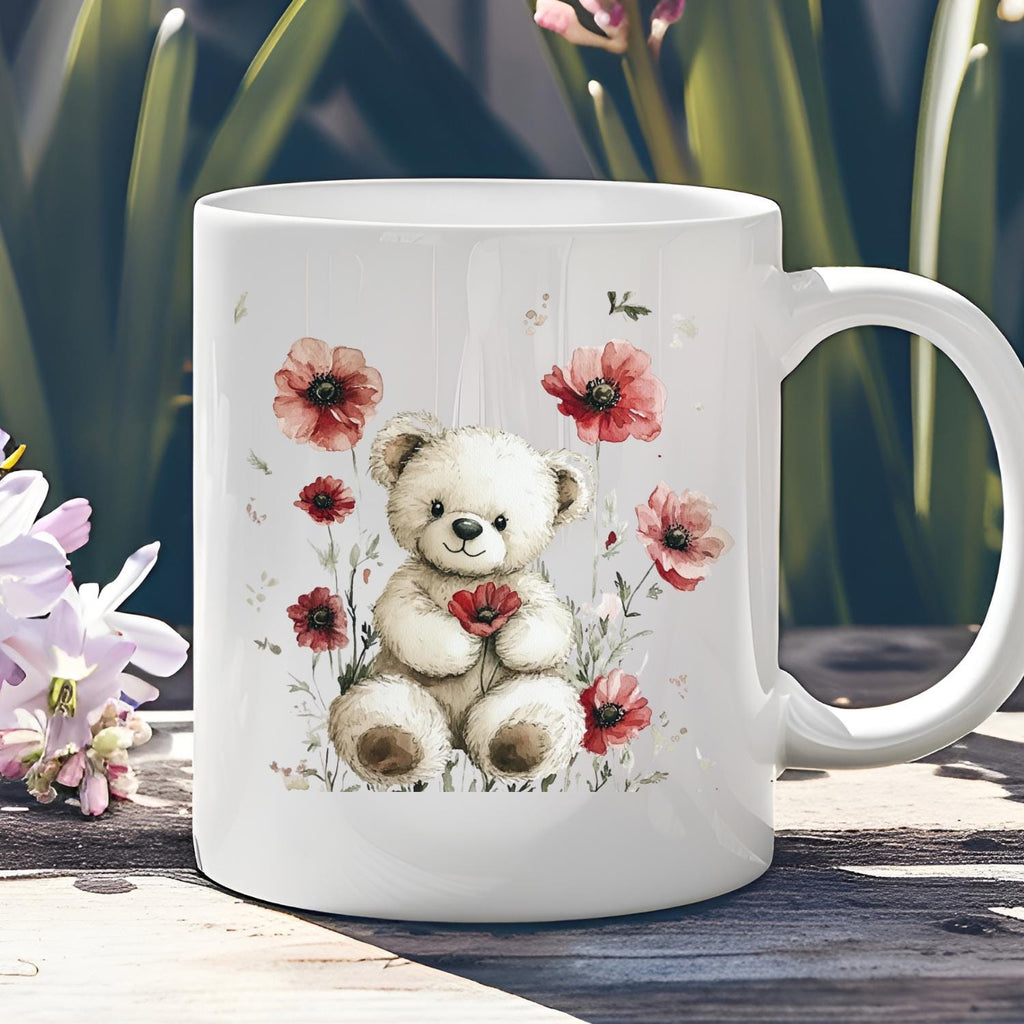 Teddy Bear watercolour Mug.Bear With Poppies By Snuggles And Sparkles. Baby Teddy Bear