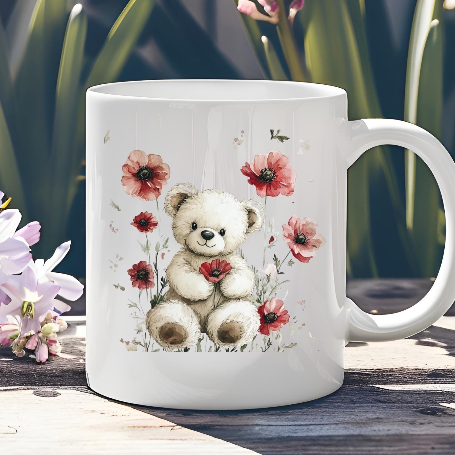 Teddy Bear watercolour Mug.Bear With Poppies By Snuggles And Sparkles. Baby Teddy Bear