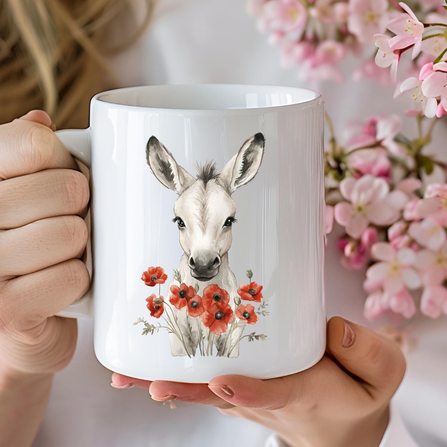 Donkey watercolour Mug. Baby Donkey With Poppies By Snuggles And Sparkles.  Gift Mug