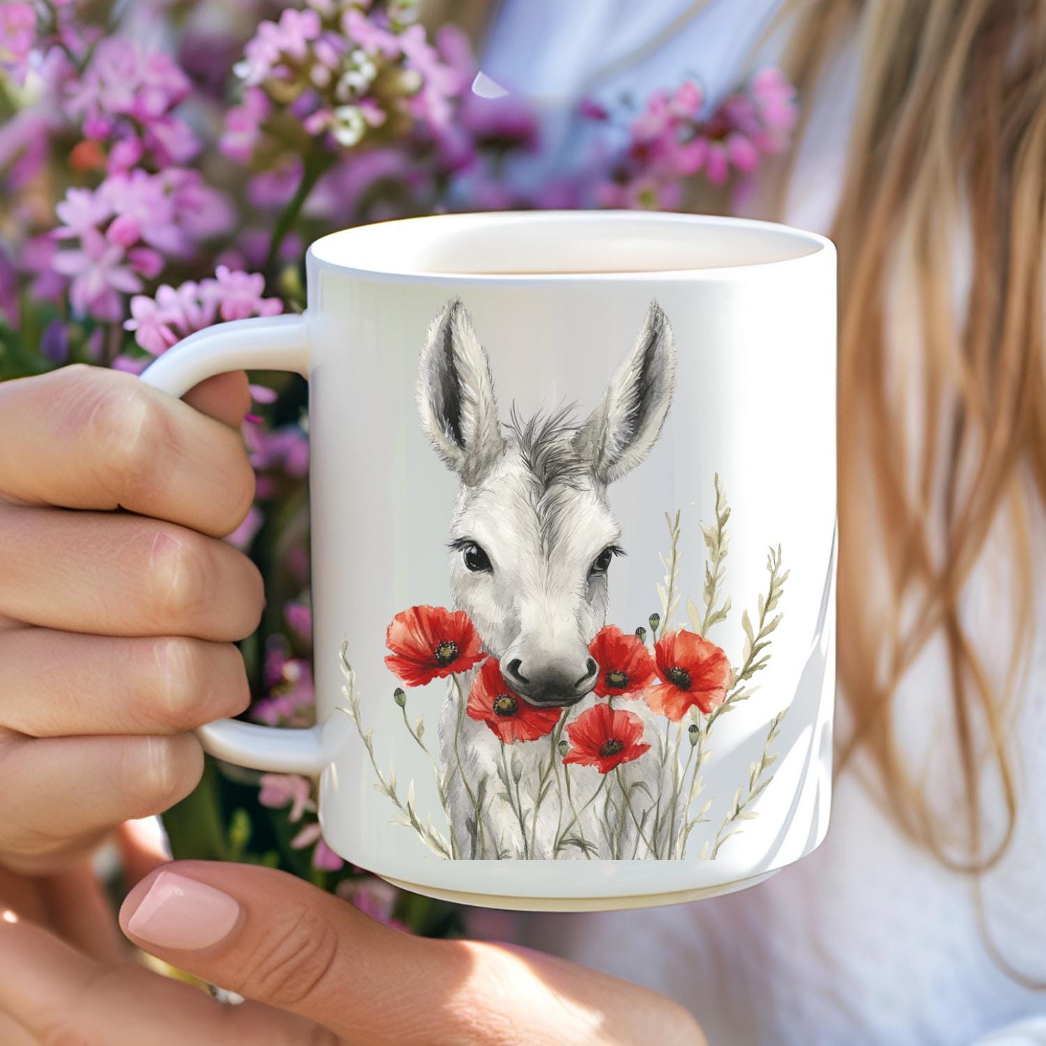 Donkey watercolour Mug. Baby Donkey With Poppies By Snuggles And Sparkles.  Gift Mug