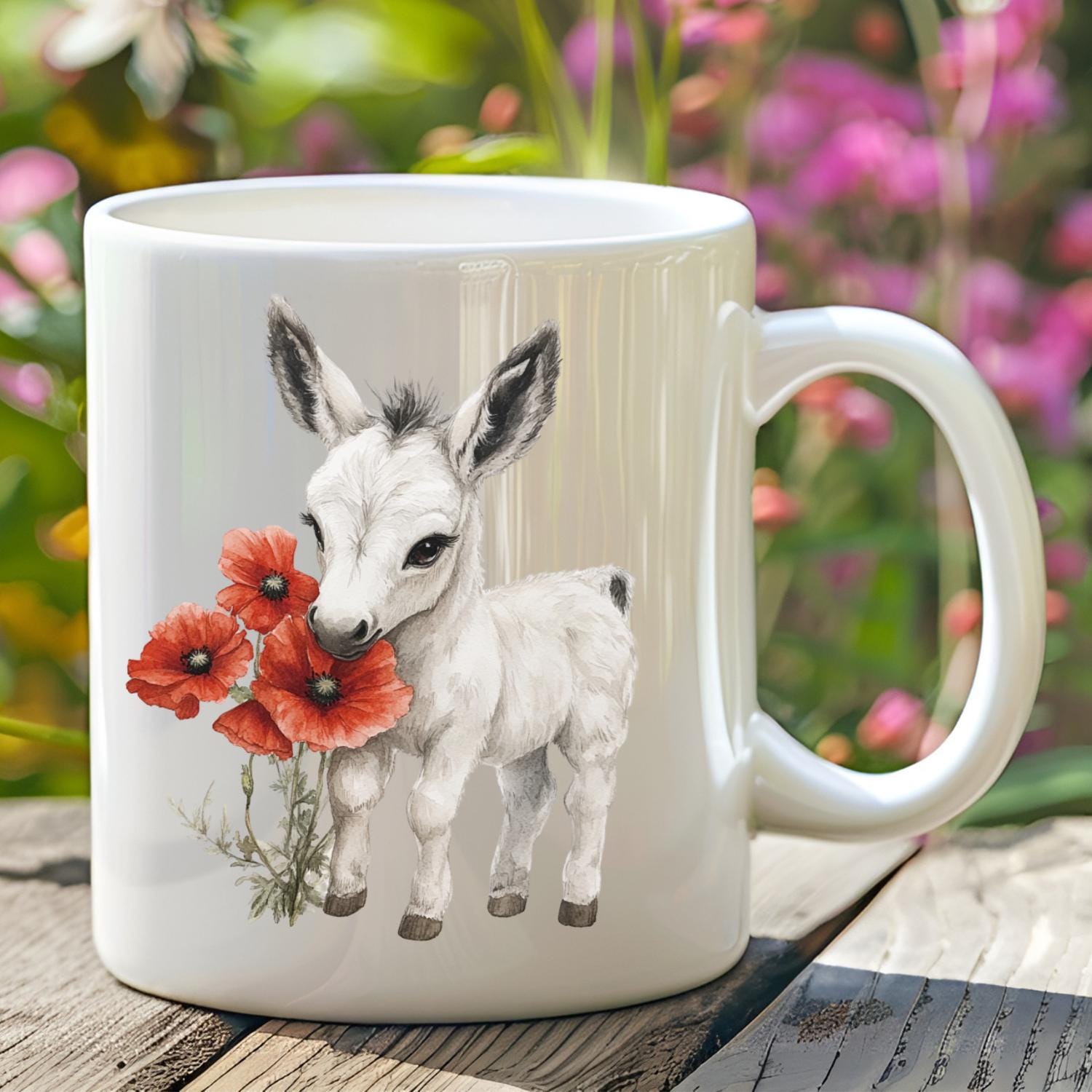 Donkey watercolour Mug. Baby Donkey With Poppies By Snuggles And Sparkles.  Gift Mug