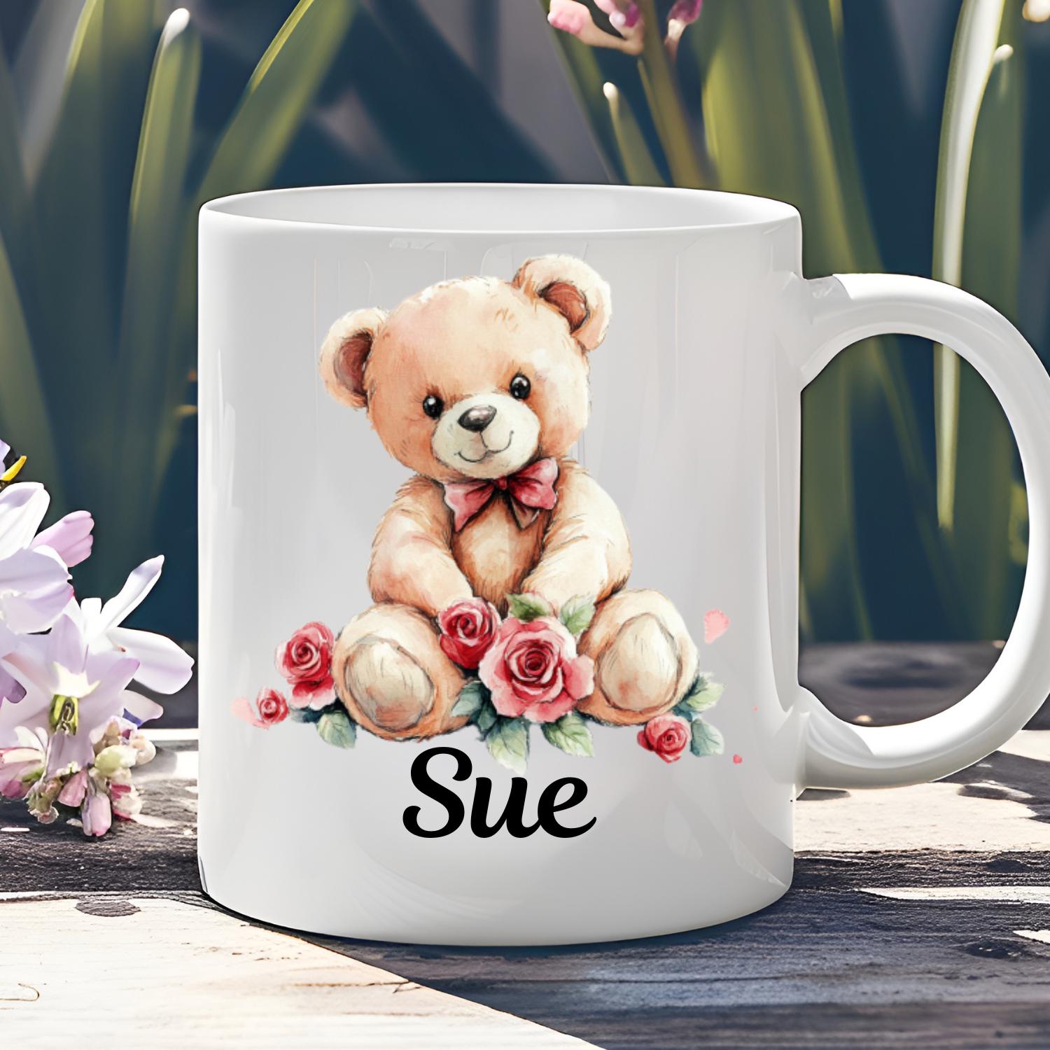 Personalised Teddy Bear with Roses Ceramic Mug, watercolour Teddy Bear Coffee Mug, Mothers Day, Birthday Gift. Rose, Roses