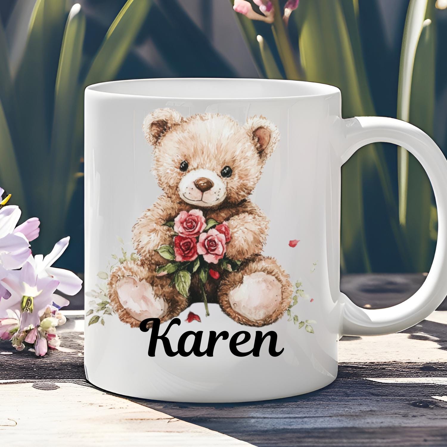Personalised Teddy Bear with Roses Ceramic Mug, watercolour Teddy Bear Coffee Mug, Mothers Day, Birthday Gift. Rose, Roses