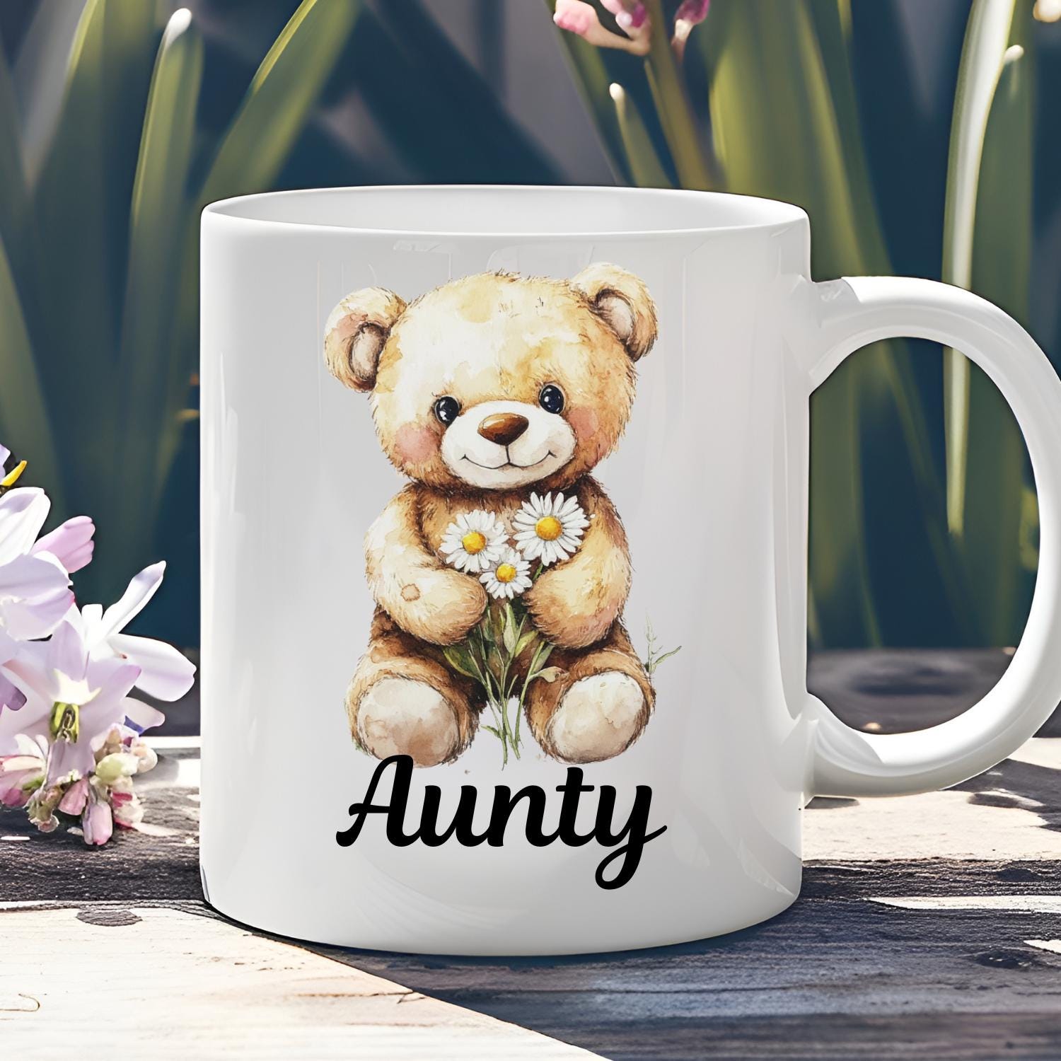 Personalised Teddy Bear With Daisies Ceramic Mug, watercolour Teddy Bear Coffee Mug, Mothers Day, Birthday Gift. Daisy, Daisies