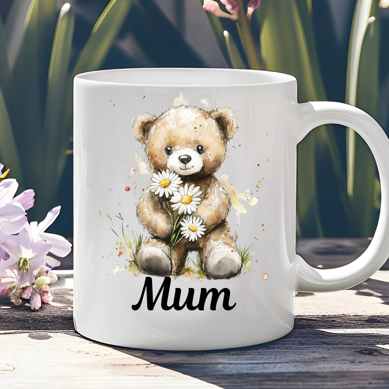 Personalised Teddy Bear With Daisies Ceramic Mug, watercolour Teddy Bear Coffee Mug, Mothers Day, Birthday Gift. Daisy, Daisies