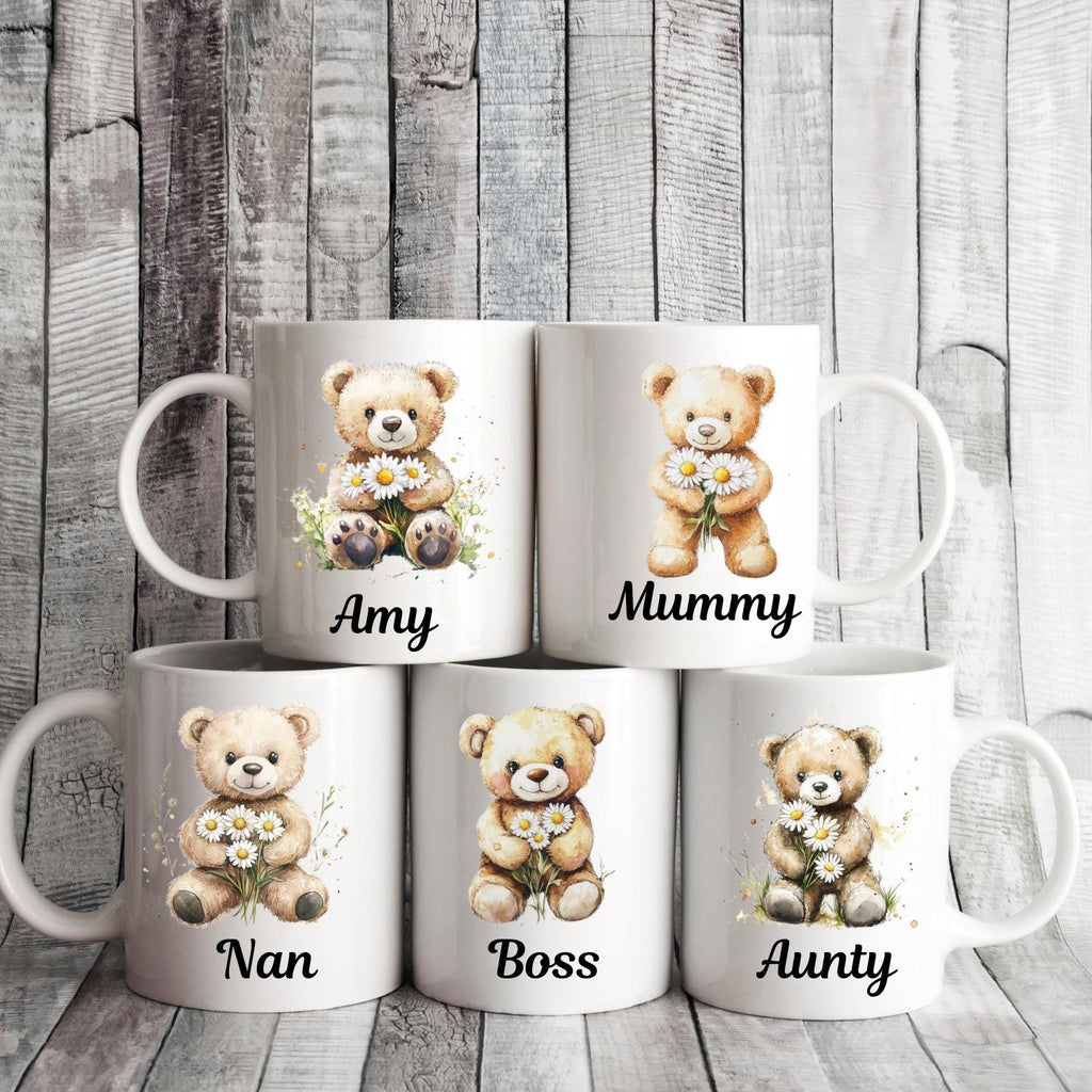 Personalised Teddy Bear With Daisies Ceramic Mug, watercolour Teddy Bear Coffee Mug, Mothers Day, Birthday Gift. Daisy, Daisies