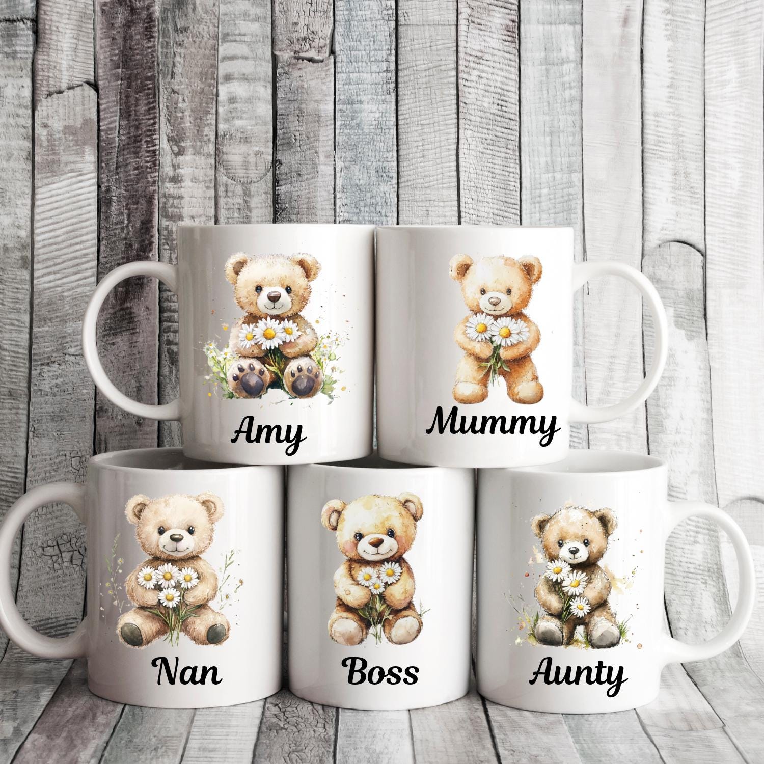 Personalised Teddy Bear With Daisies Ceramic Mug, watercolour Teddy Bear Coffee Mug, Mothers Day, Birthday Gift. Daisy, Daisies
