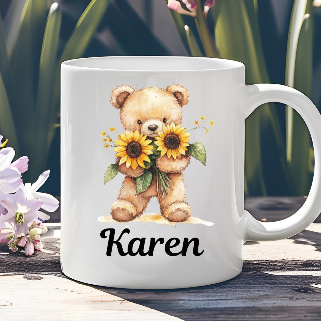 Personalised Teddy Bear With Sunflowers Ceramic Mug, watercolour Teddy Bear Coffee Mug, Mothers Day, Birthday Gift. Sunflowers
