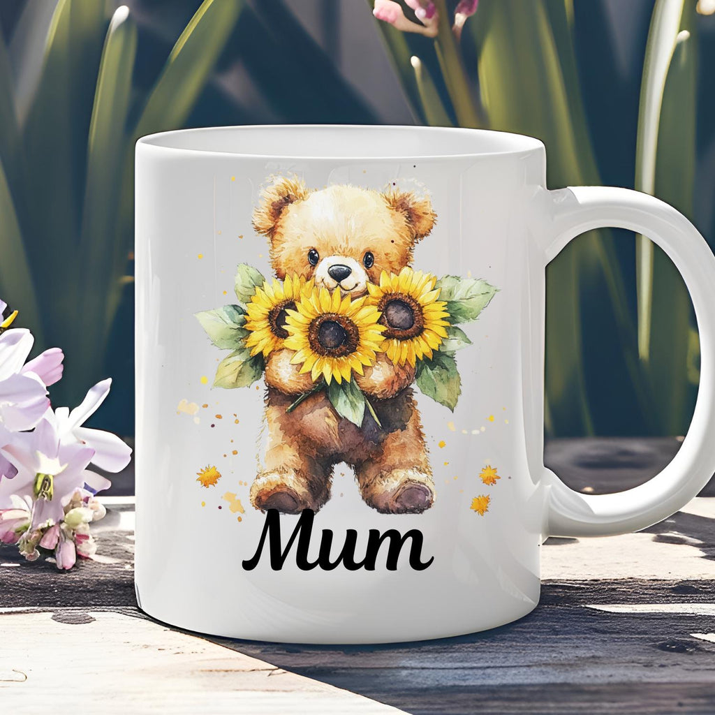 Personalised Teddy Bear With Sunflowers Ceramic Mug, watercolour Teddy Bear Coffee Mug, Mothers Day, Birthday Gift. Sunflowers