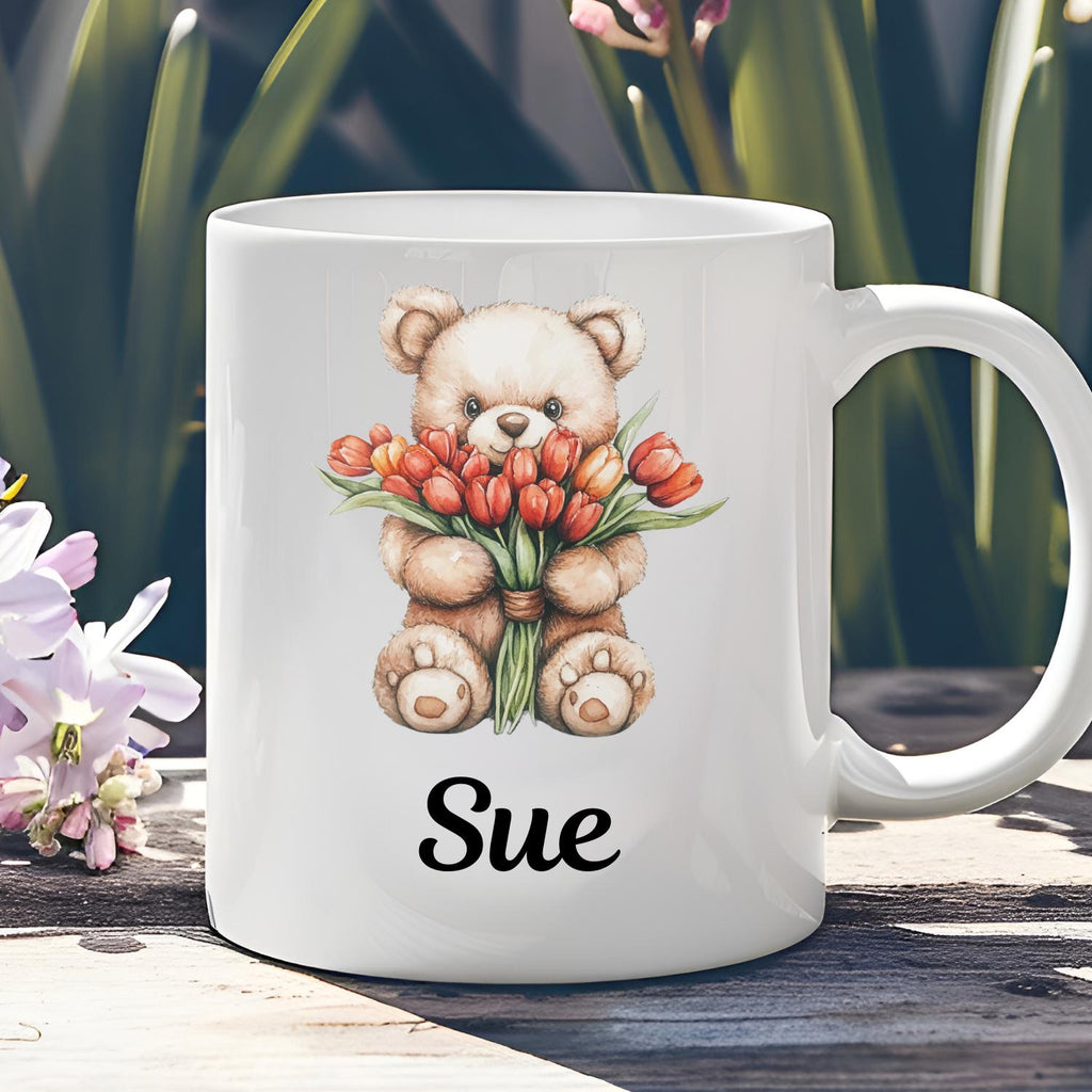 Personalised Teddy Bear With Tulips Ceramic Mug, watercolour Teddy Bear Coffee Mug, Mothers Day, Birthday Gift. Tulips